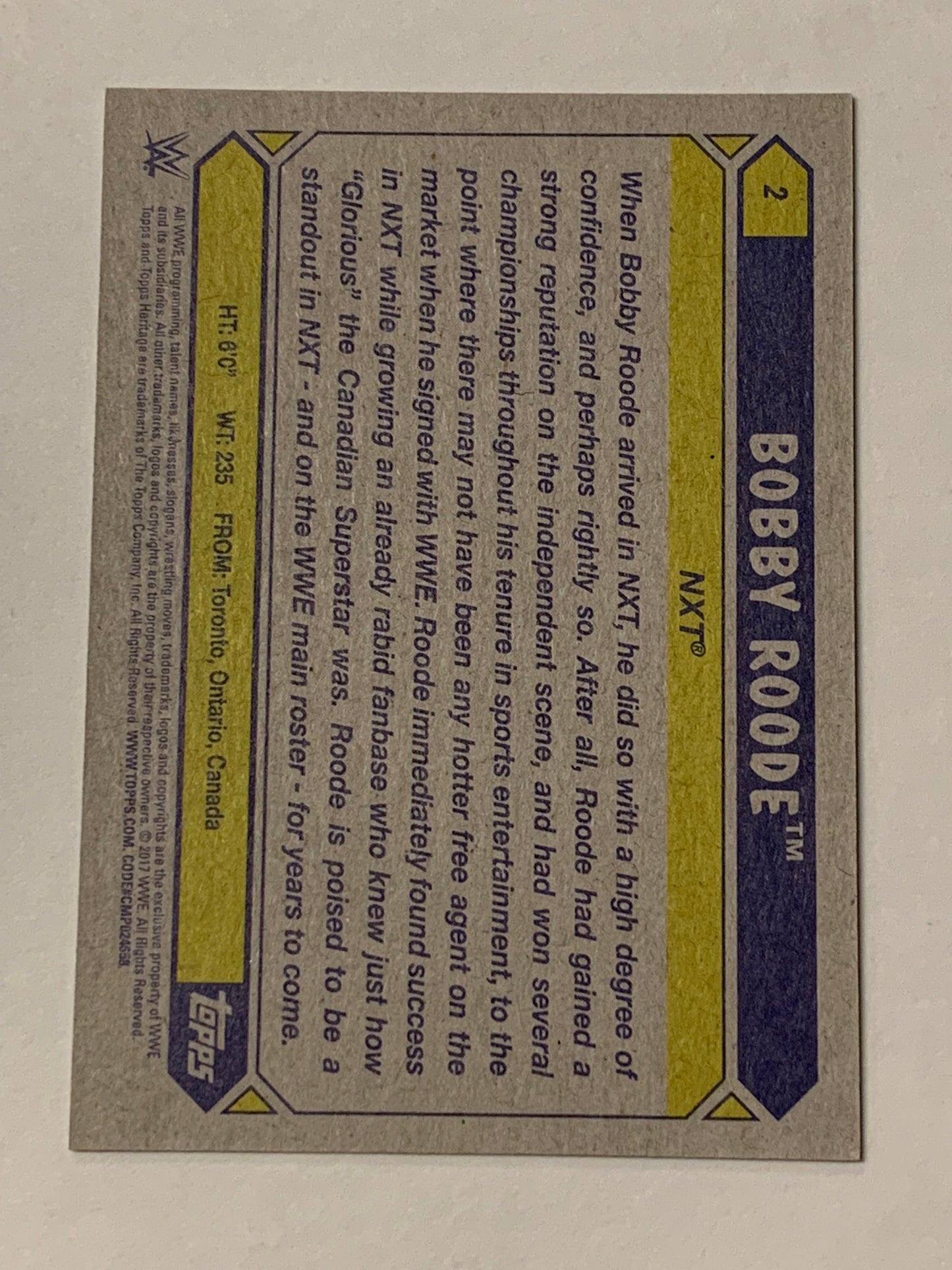 Bobby Roode 2017 WWE Topps Heritage Parallel ROOKIE Card #6/25