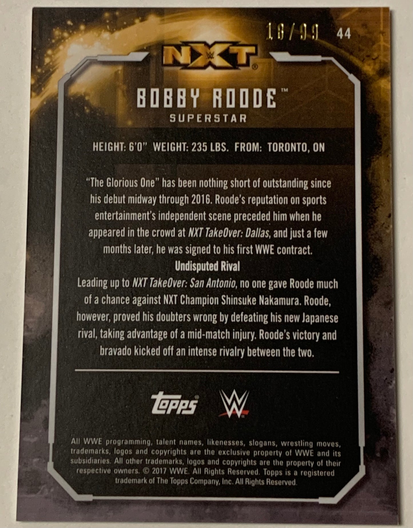Bobby Roode 2017 WWE NXT Topps Undisputed Rookie Parallel Card #18/99