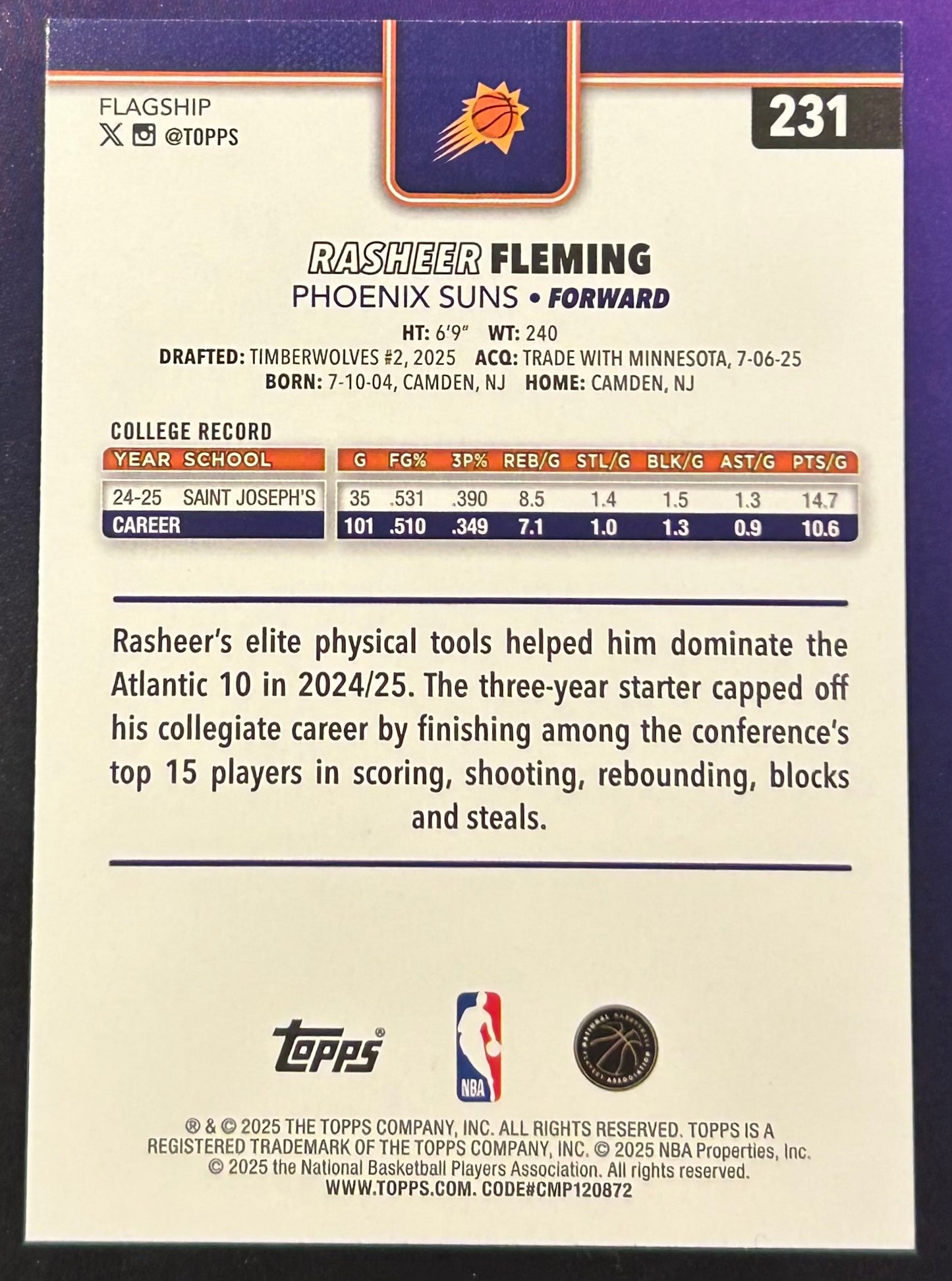 * Rasheer Fleming 2025-26 Topps NBA Rookie Card SUNS