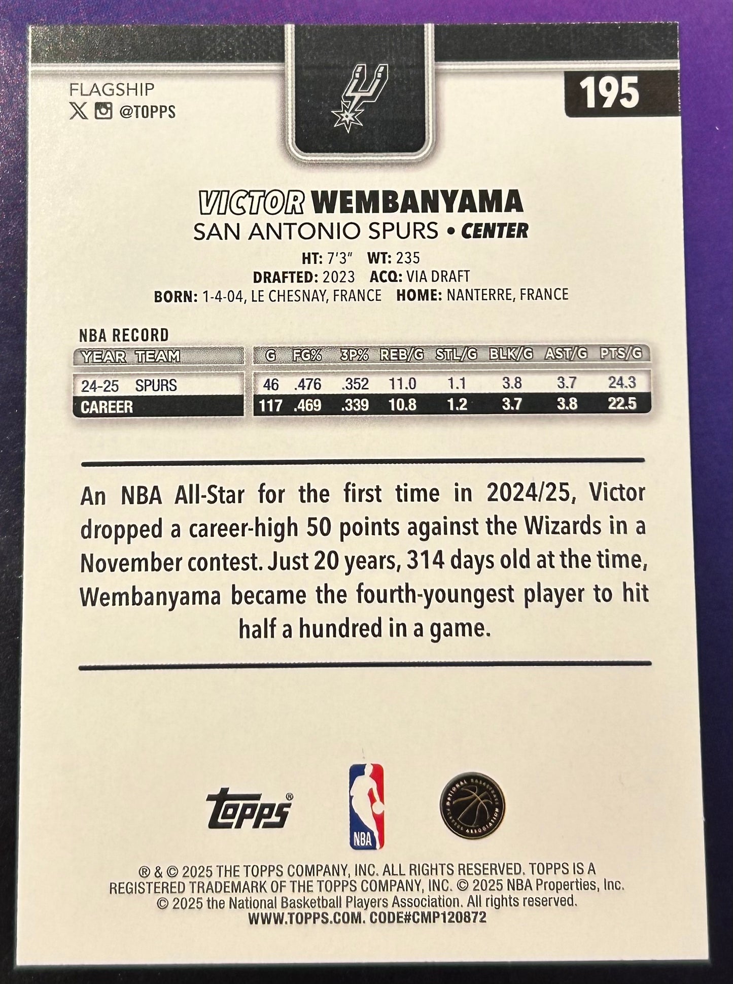 * Victor Wembanyama 2025-26 Topps NBA Card SPURS
