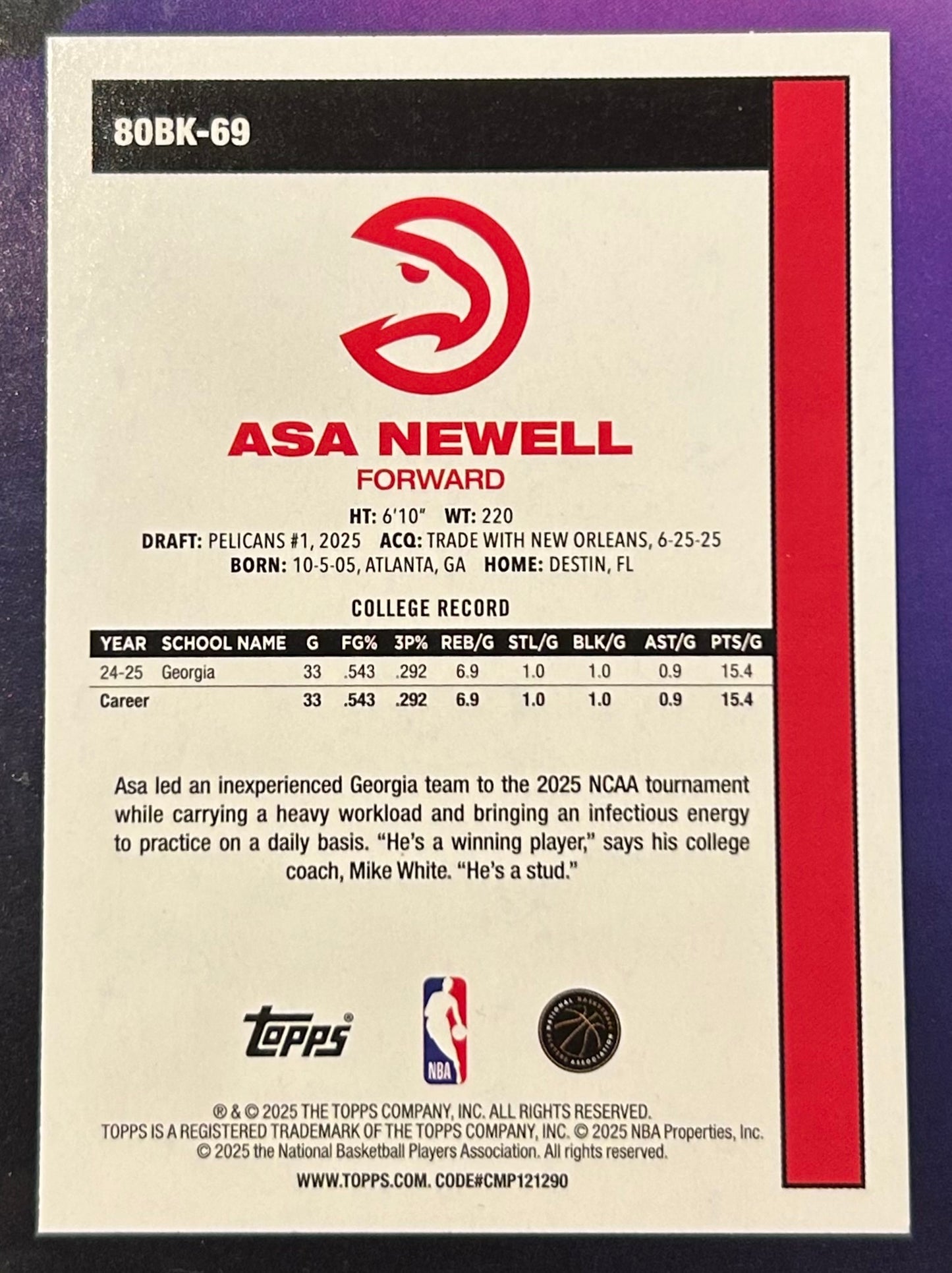 * Asa Newell 2025-26 Topps NBA Anniversary Foil ROOKIE Card HAWKS