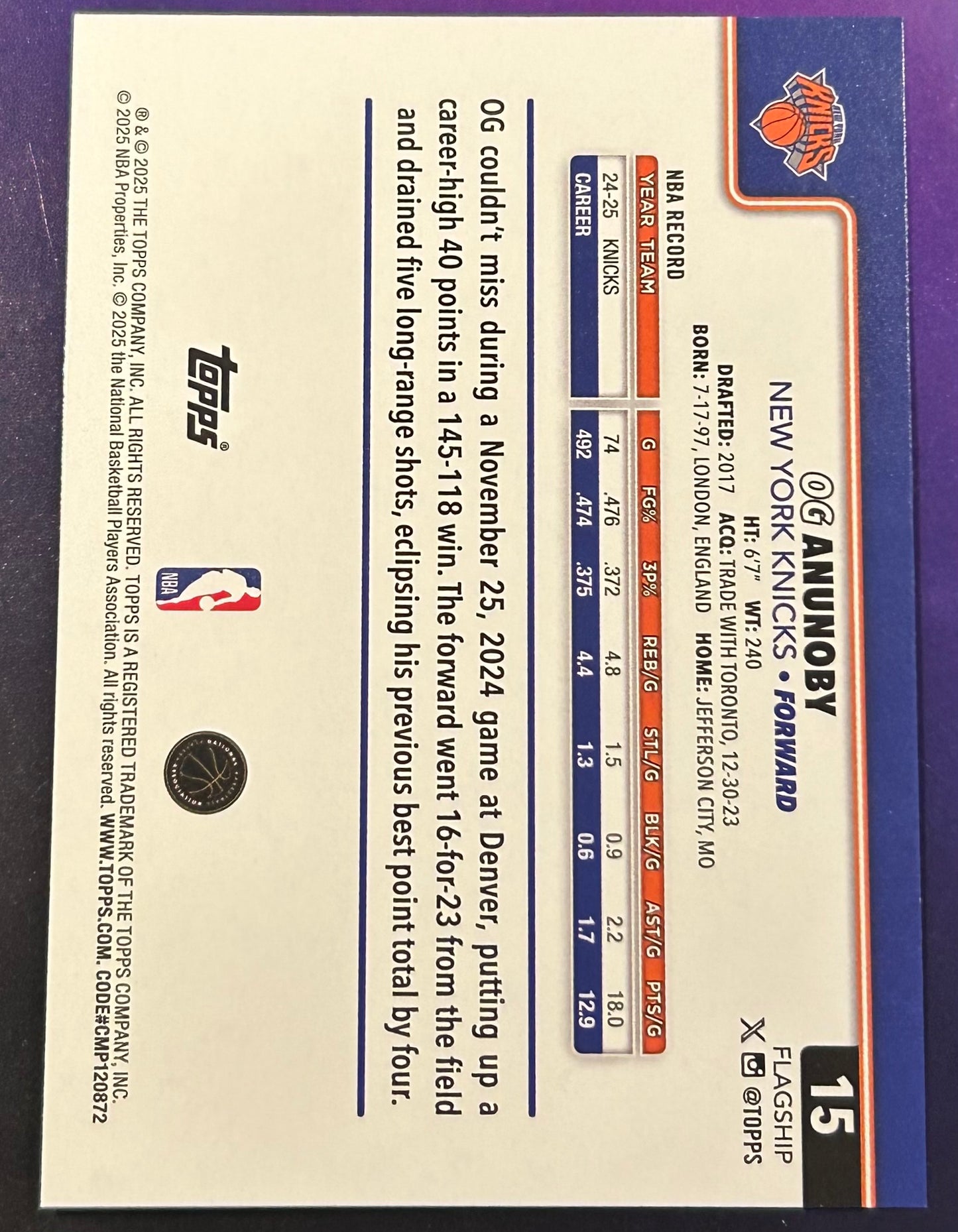 * OG Anunoby 2025-26 Topps NBA Card KNICKS