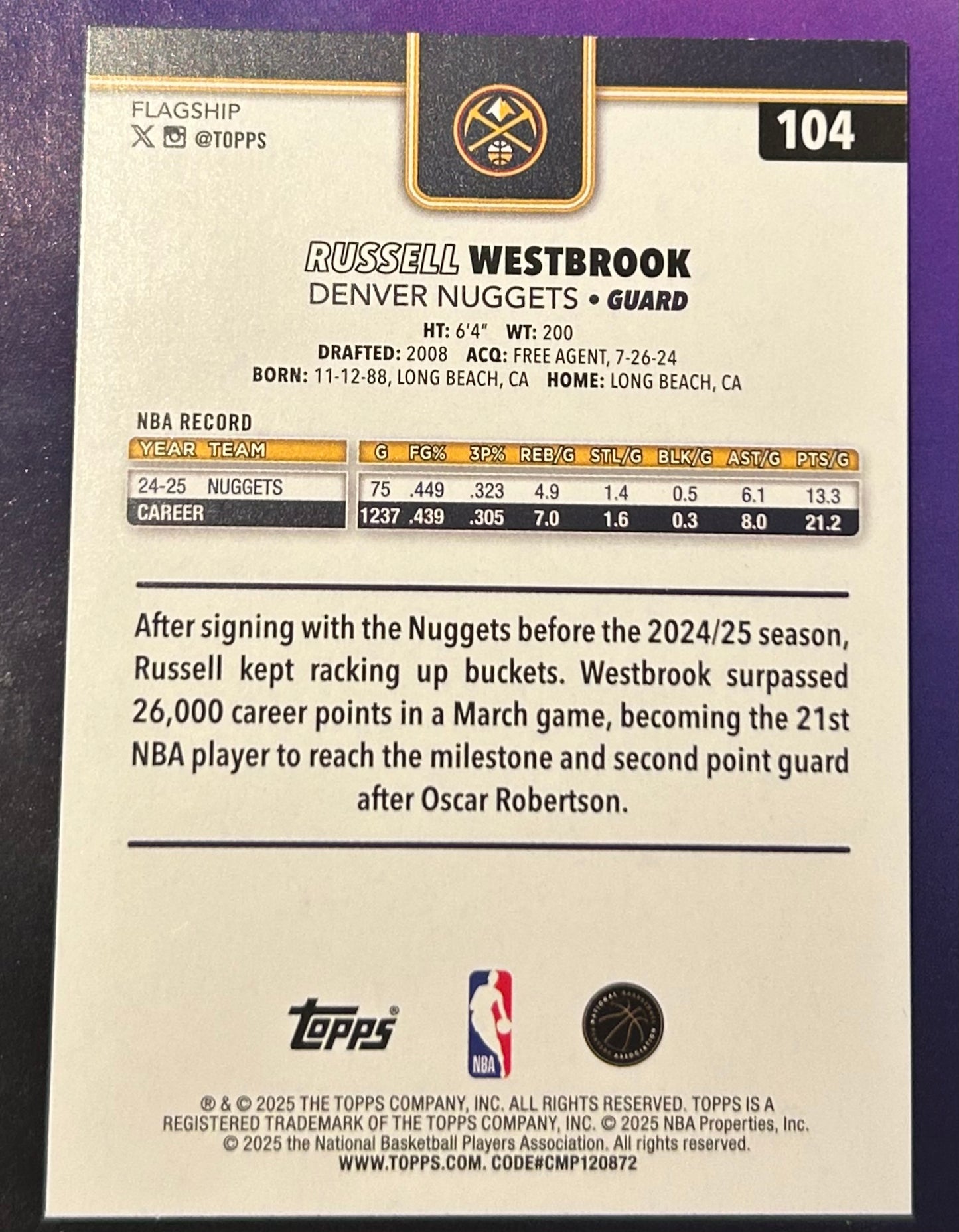 * Russell Westbrook 2025-26 Topps NBA Card NUGGETS