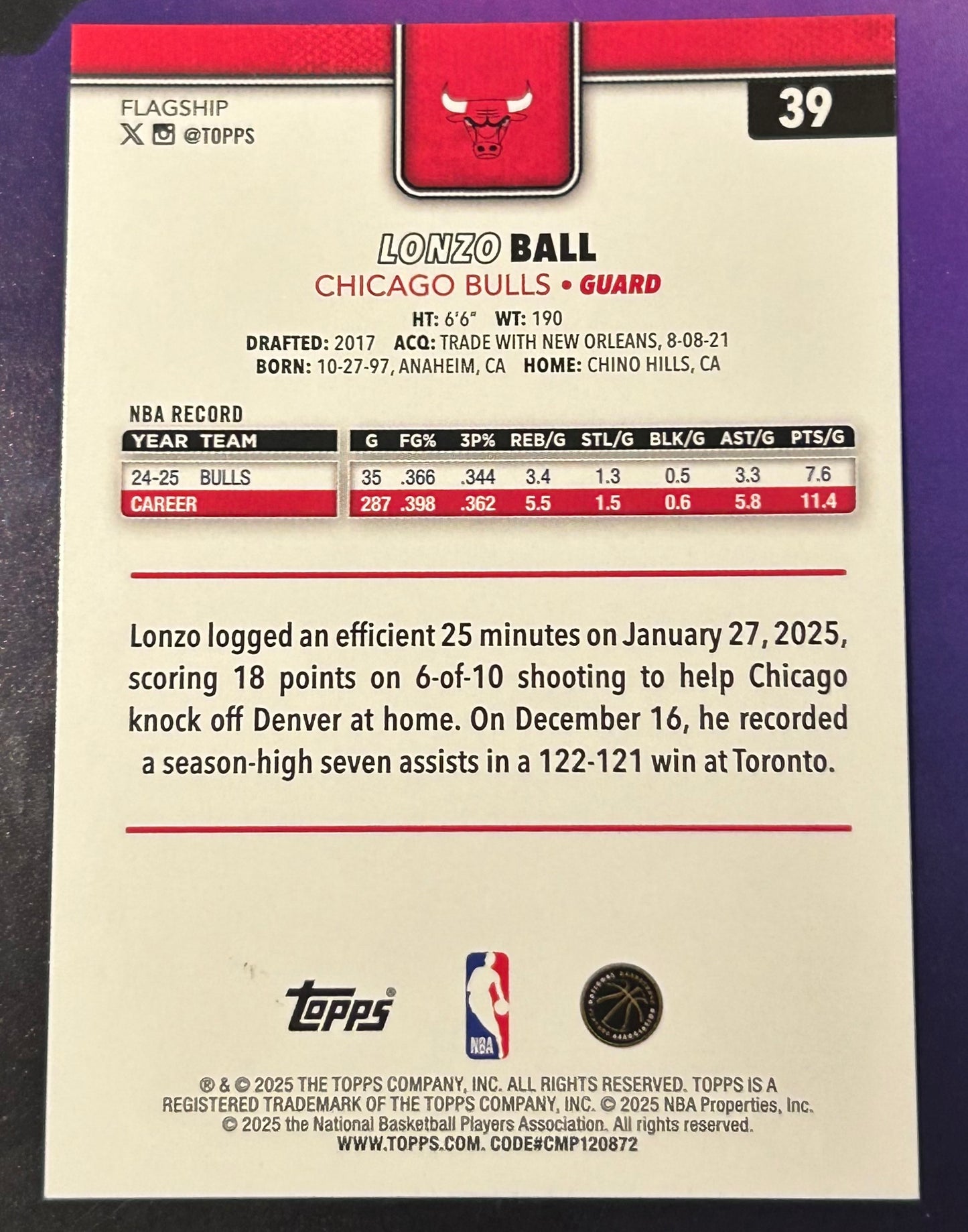 * Lonzo Ball 2025-26 Topps NBA Holofoil Card CHICAGO BULLS