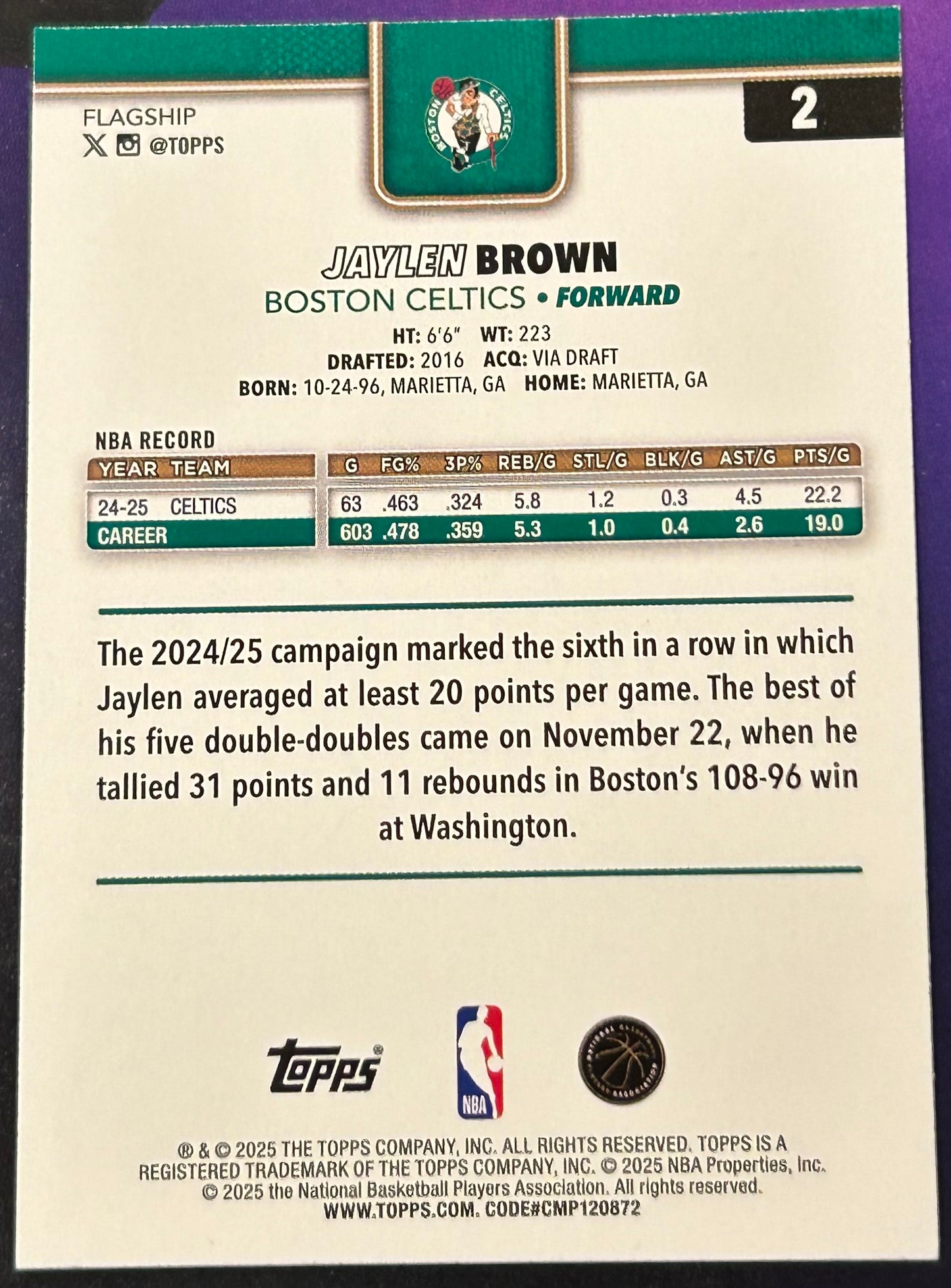 * Jaylen Brown 2025-26 Topps NBA Card BOSTON CELTICS