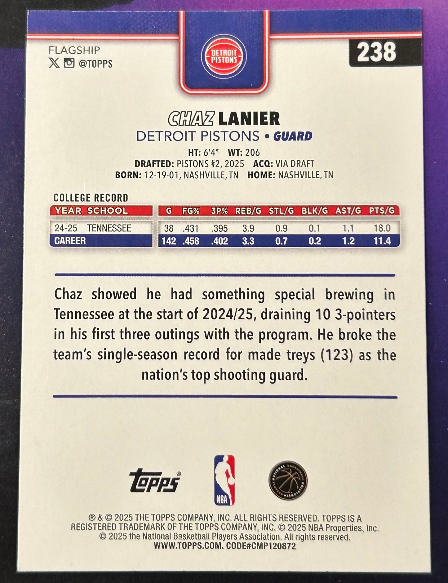 * Chaz Lanier 2025-26 Topps NBA ROOKIE Card DETROIT PISTONS