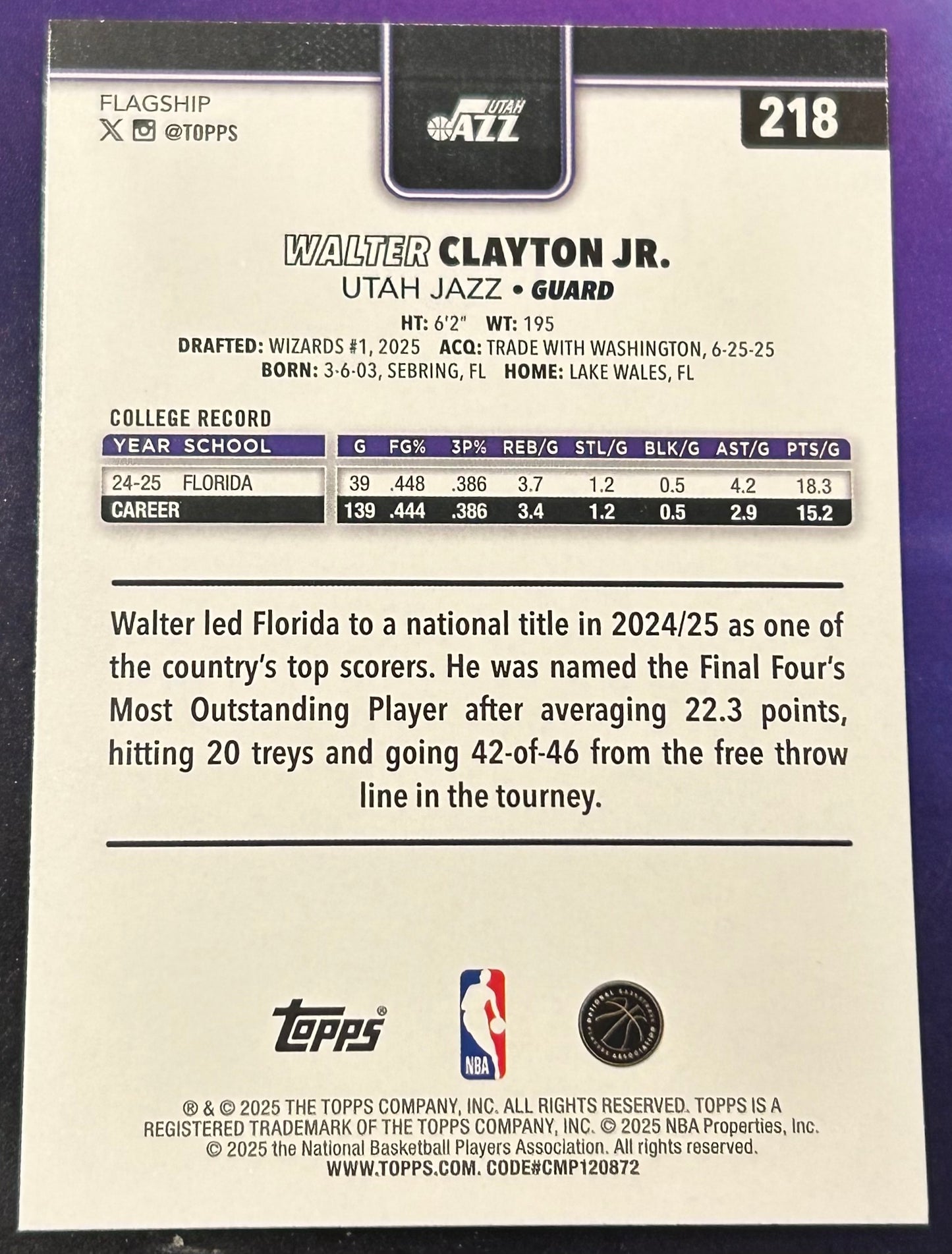 * Walter Clayton Jr 2025-26 Topps NBA ROOKIE Card UTAH JAZZ