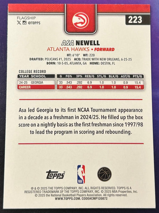 * Asa Newell 2025-26 Topps NBA ROOKIE Card ATLANTA HAWKS