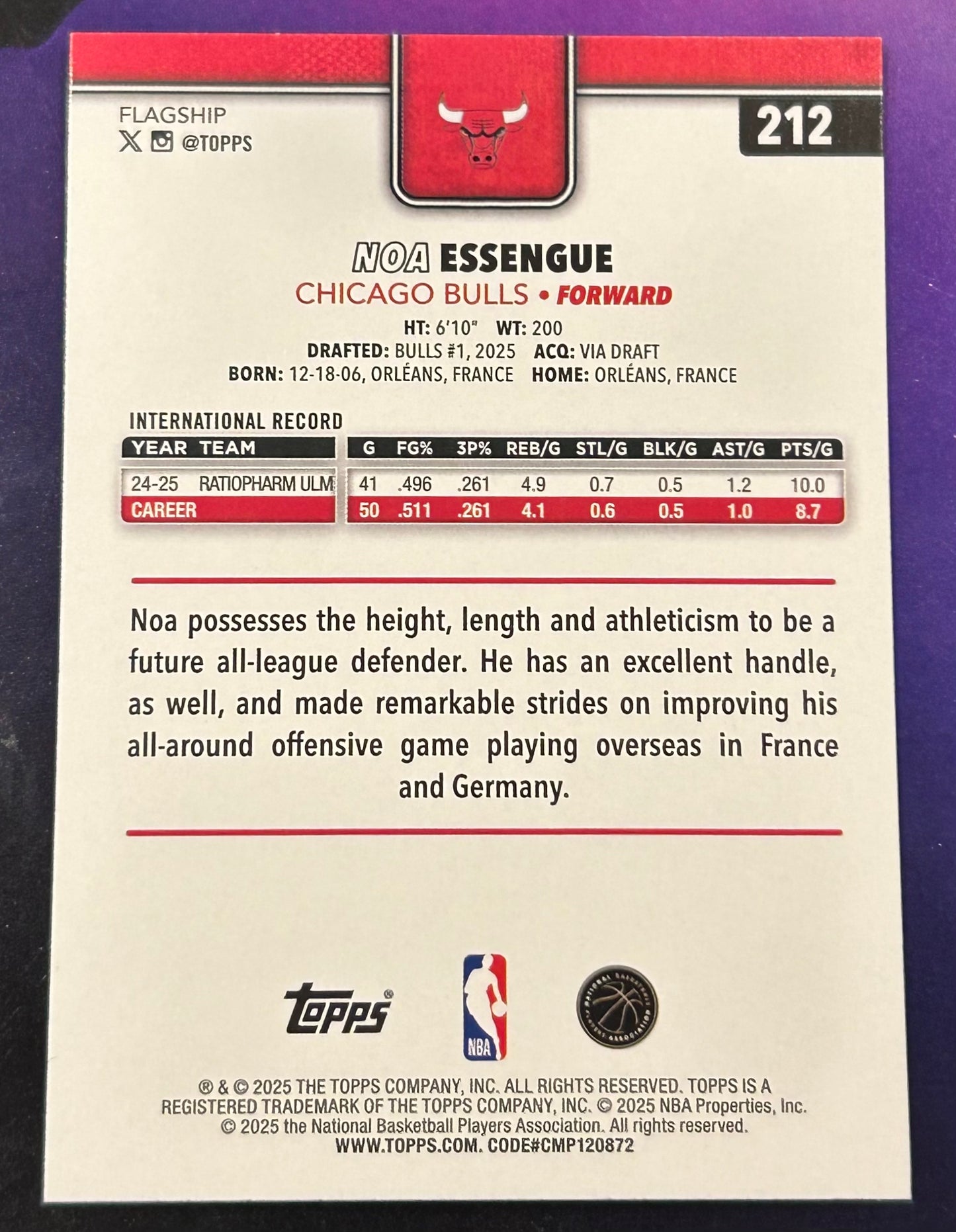 * Noa Essegue 2025-26 Topps NBA ROOKIE Card CHICAGO BULLS