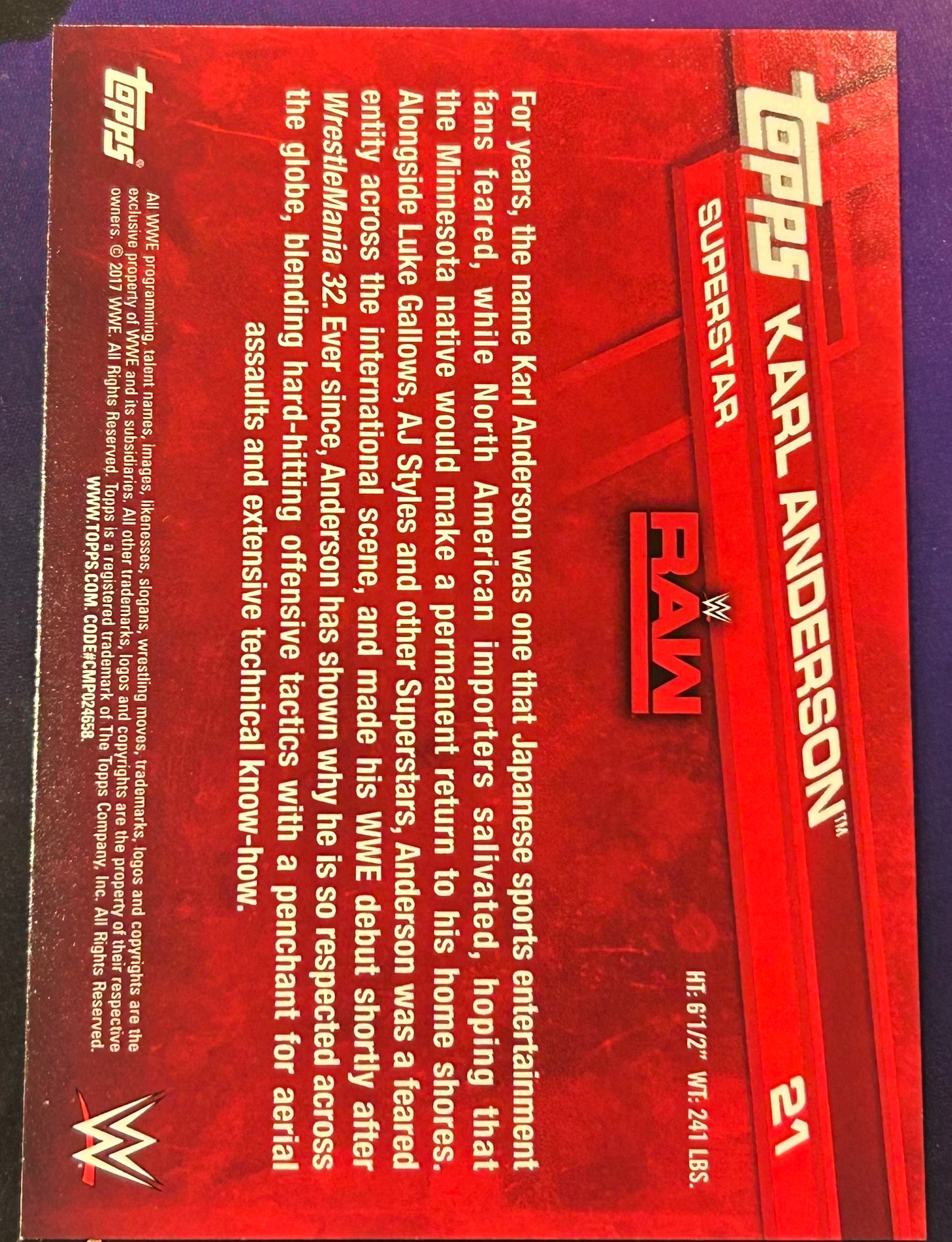 * Karl Anderson 2017 WWE Topps BRONZE Parallel Card