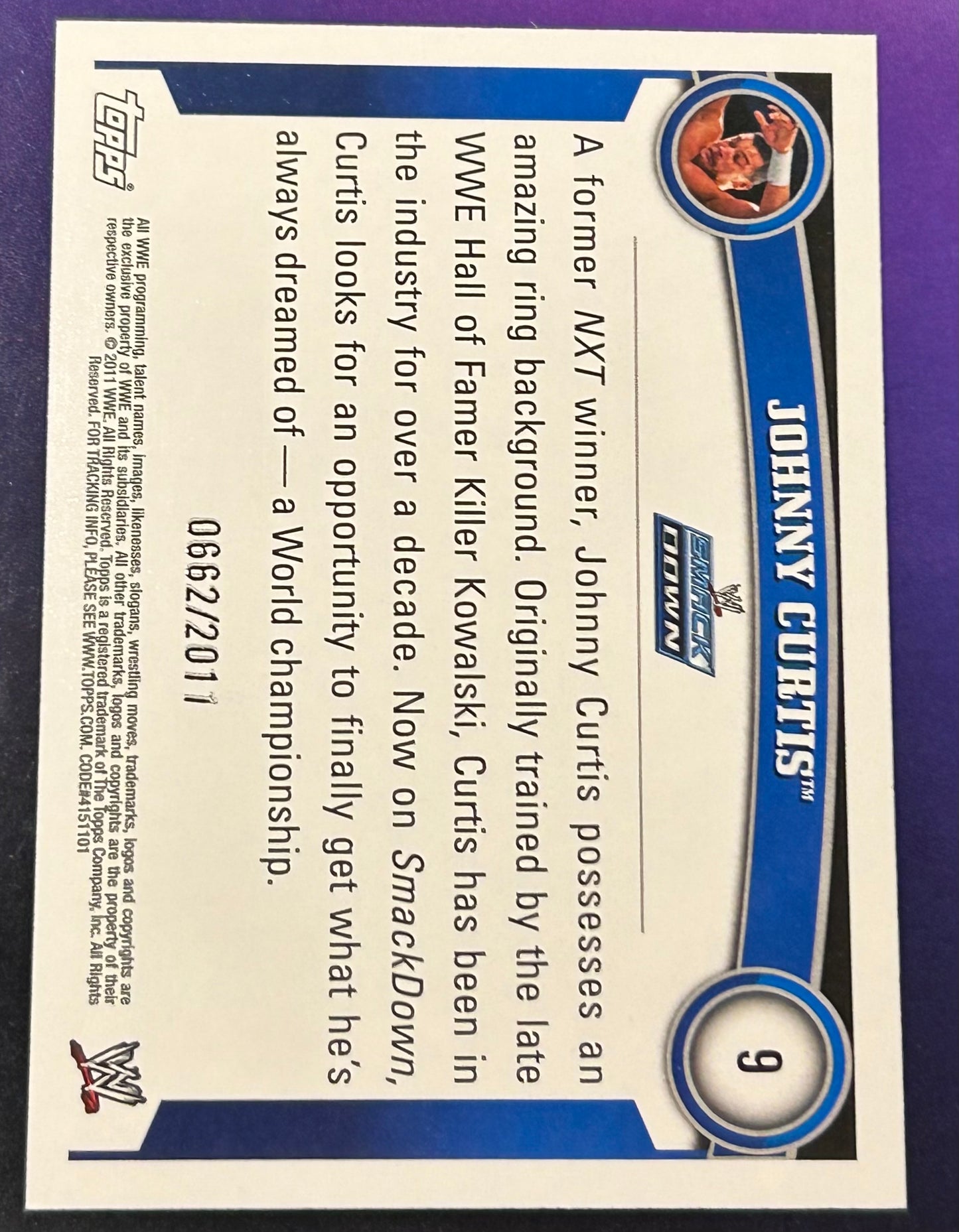 * Johnny Curtis (Fandango) 2011 WWE Topps Blue Parallel ROOKIE Card #662/2011