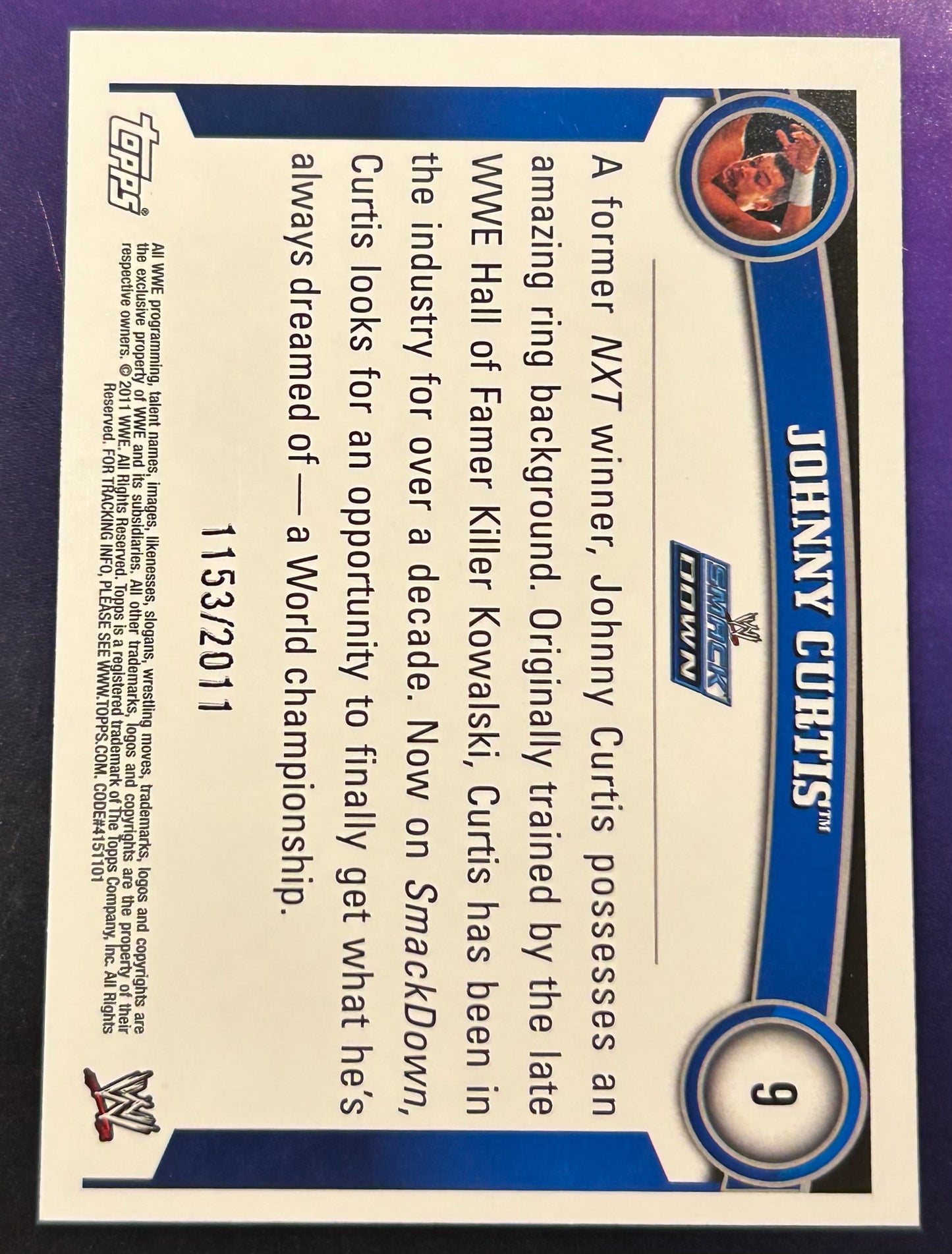 * Johnny Curtis (Fandango) 2011 WWE Topps Blue Parallel ROOKIE Card #1153/2011