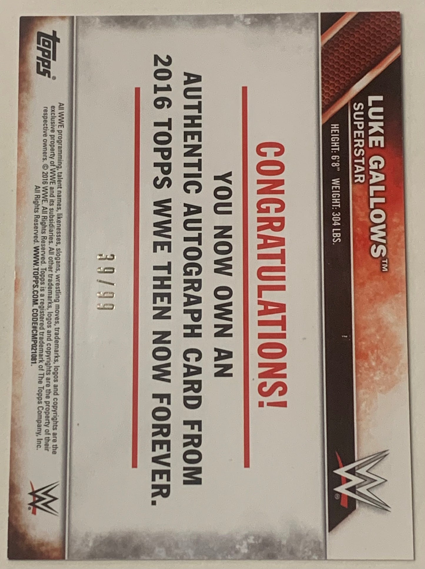 Luke Gallows 2016 WWE Topps SIGNED ROOKIE #39/99
