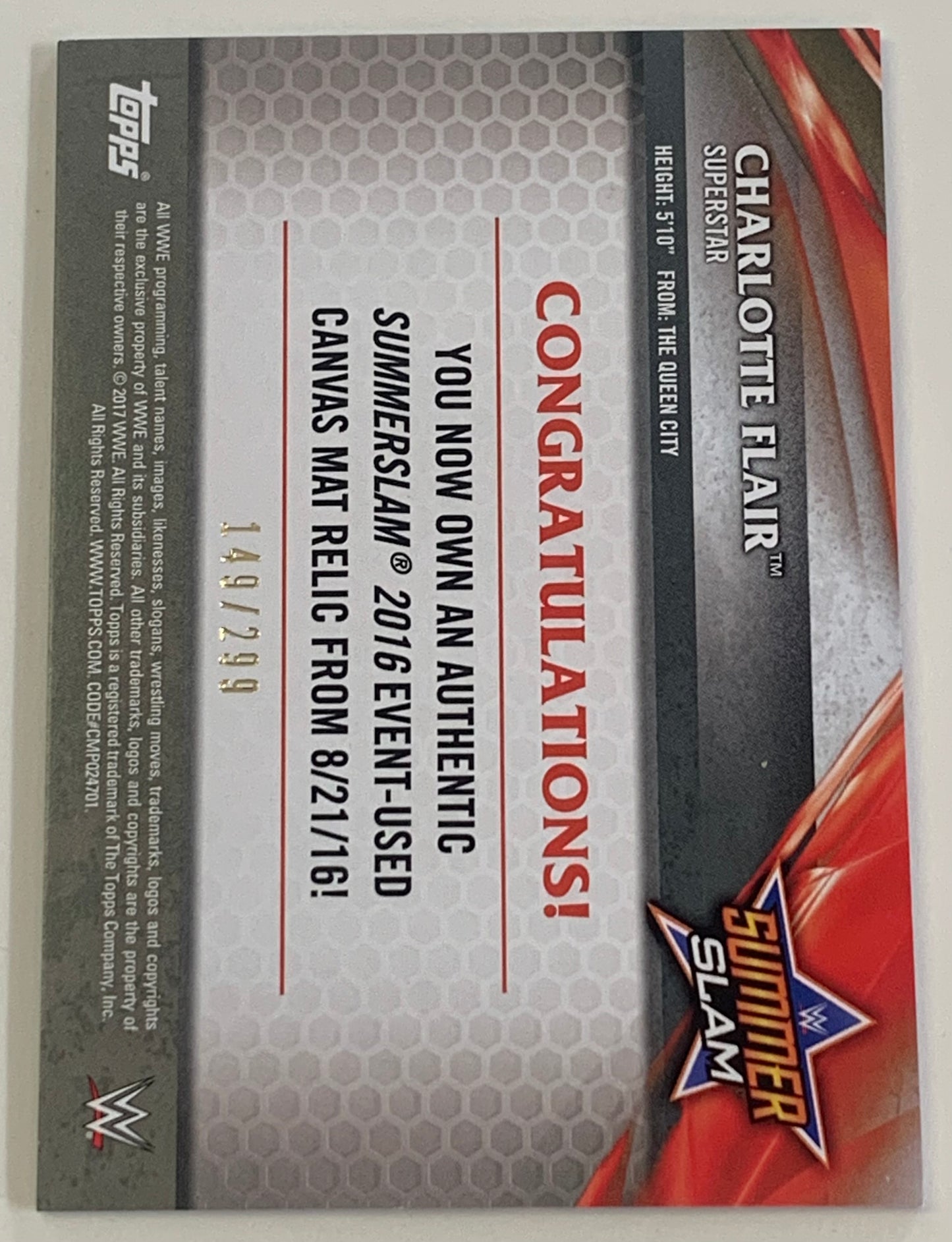 Charlotte Flair 2017 WWE Topps Authentic Summerslam 2016 Event-Used Canvas Mat Relic” #/299 (Copy)