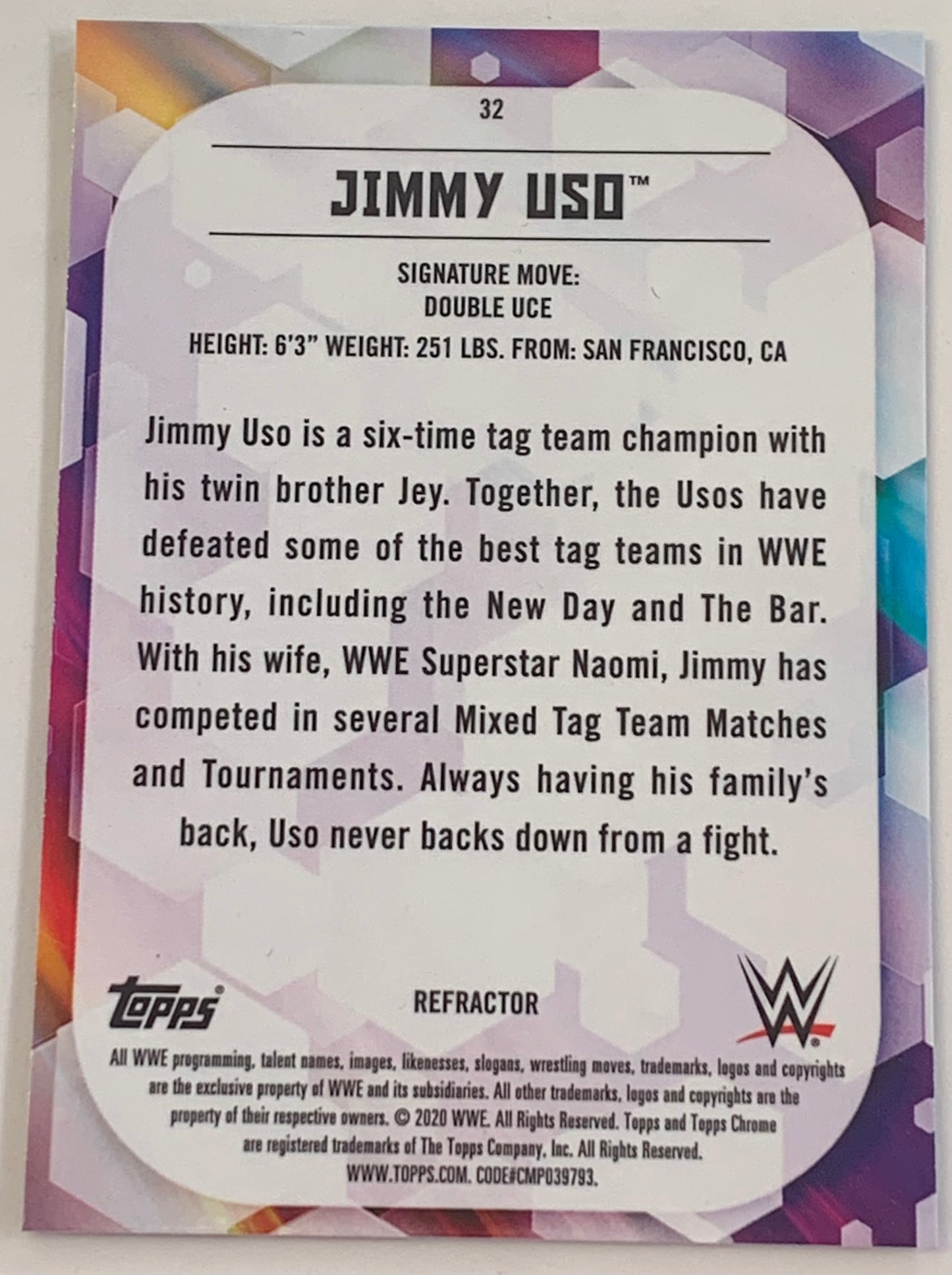 Jimmy Uso 2021 WWE Topps Chrome Refractor Card (Bloodline)!!!