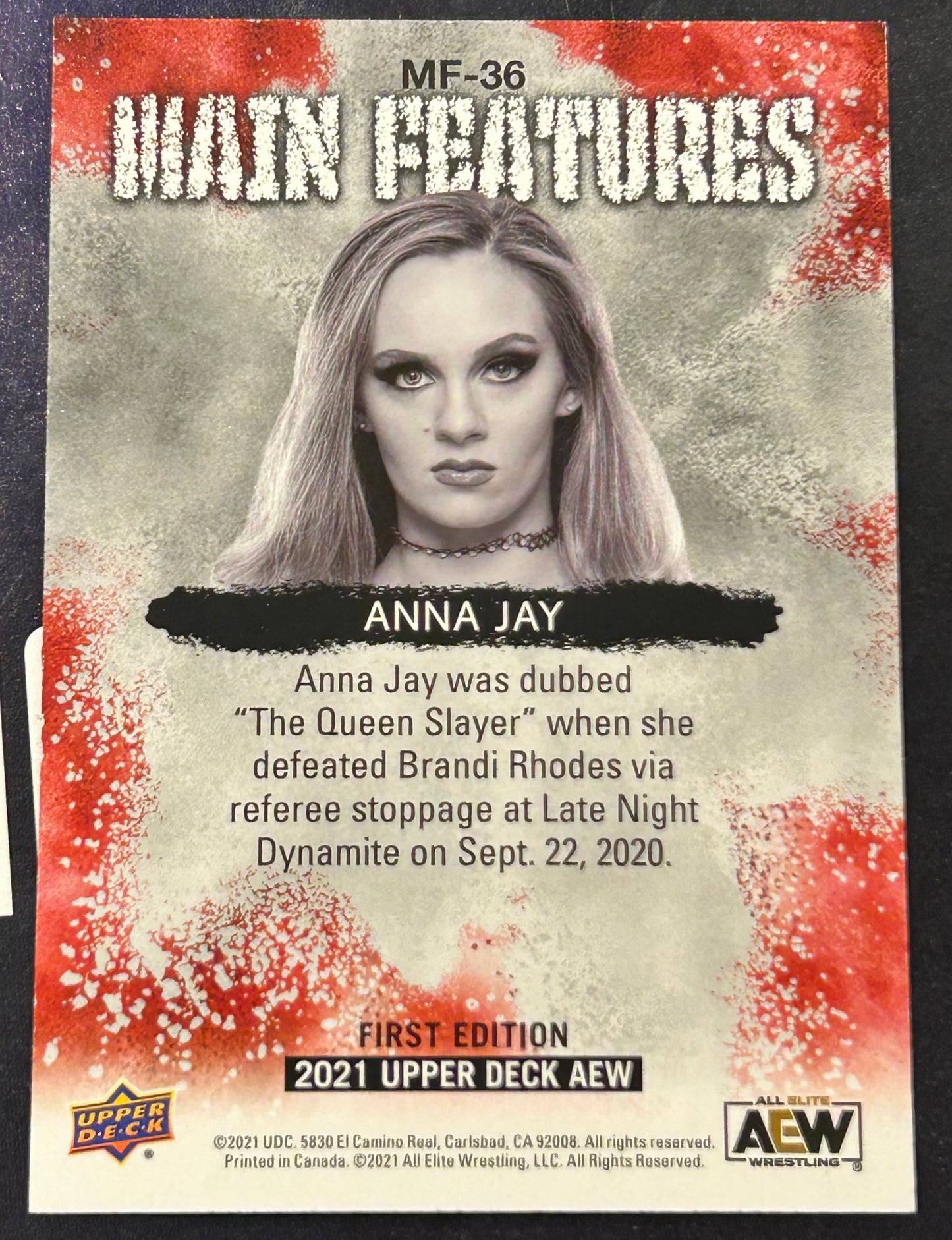 * Anna Jay 2021 AEW UD Upper Deck “Main Features” Green Parallel Card #92/199