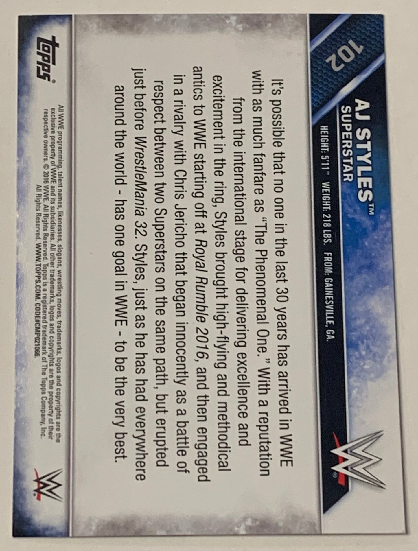 AJ Styles 2016 WWE Topps ROOKIE