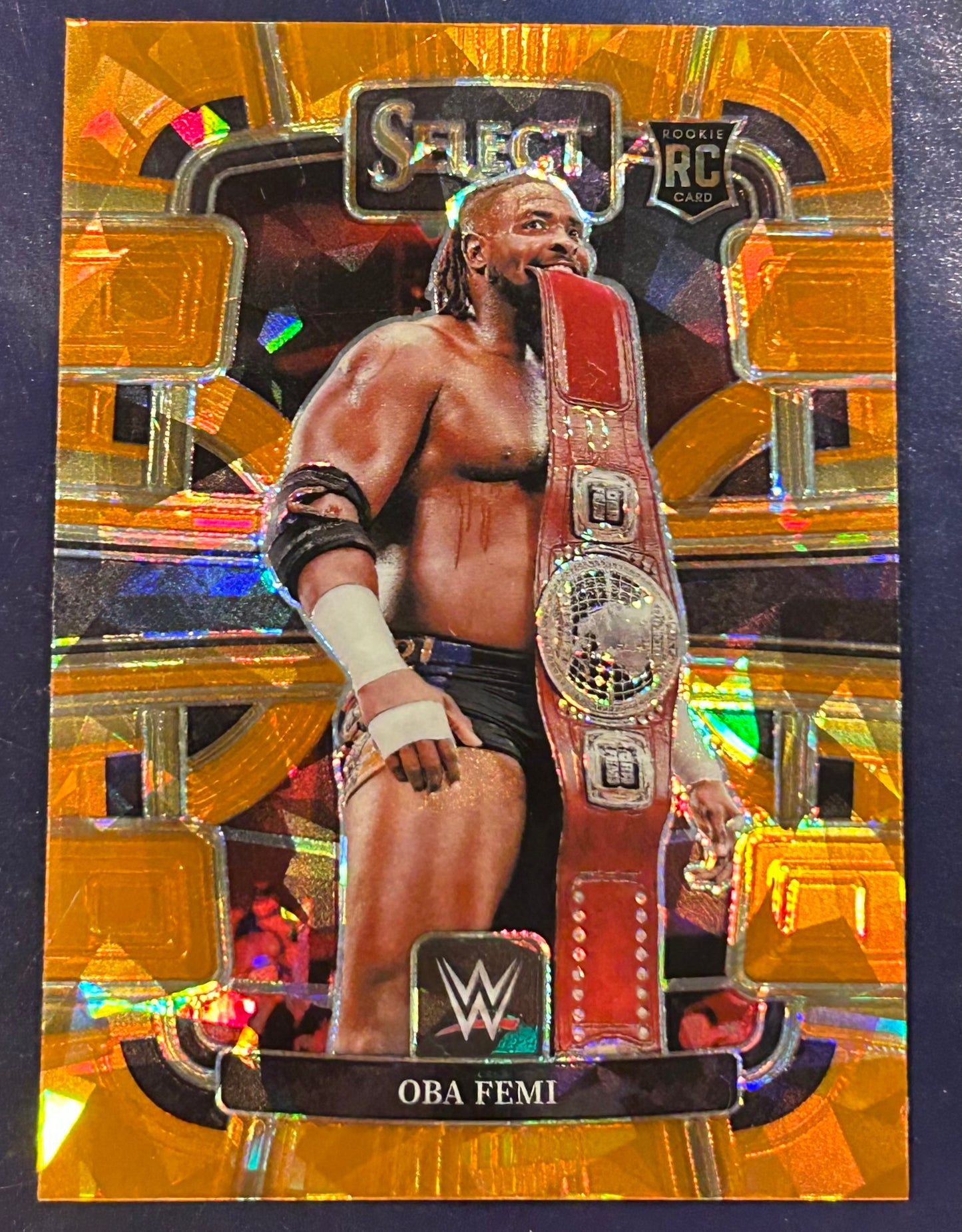 *  Oba Femi 2024 WWE Panini Select Concourse Prizm Orange Cracked Ice Refractor ROOKIE Card