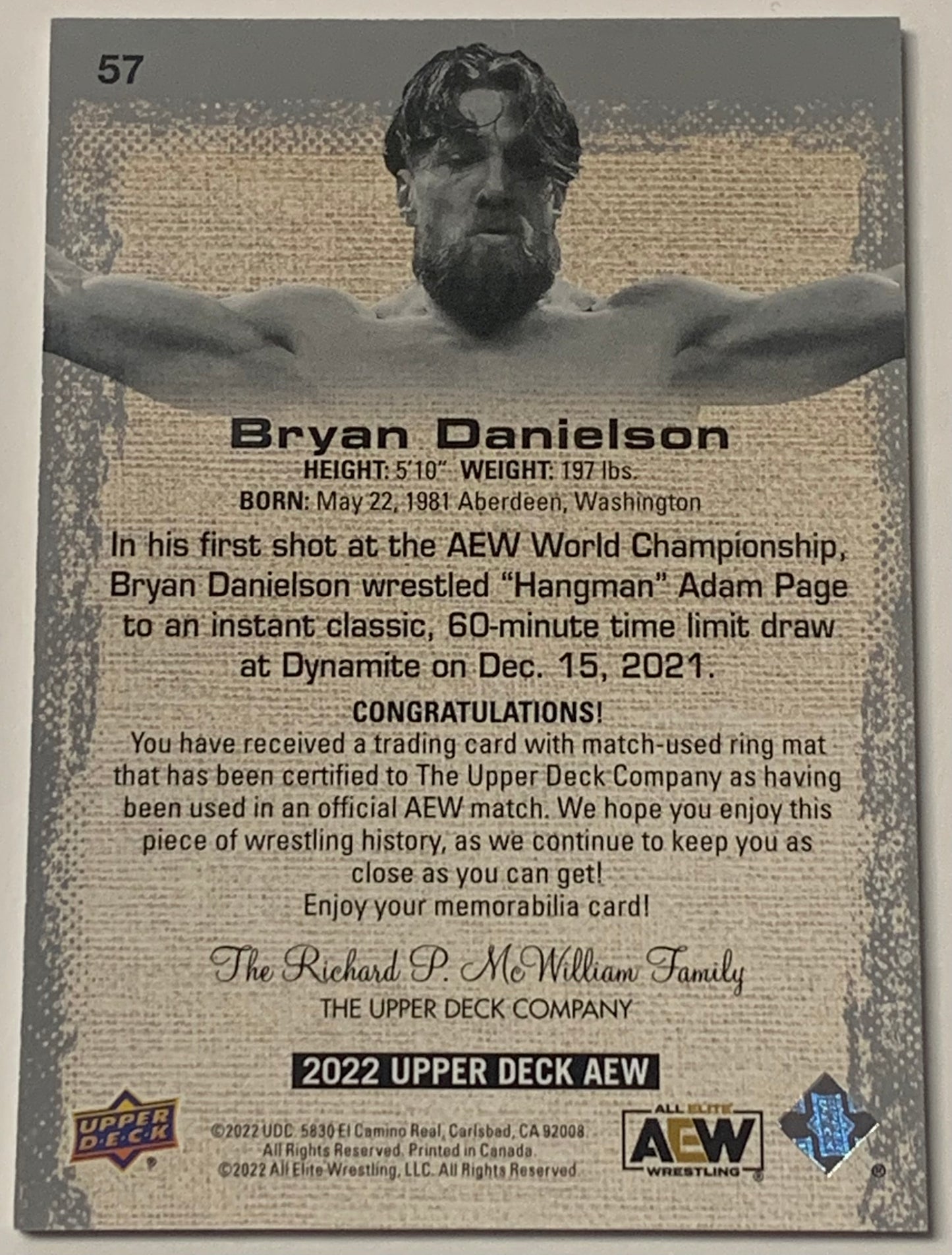 Bryan Danielson (Daniel Bryan) 2022 AEW UD Upper Deck Event-Used Mat Relic
