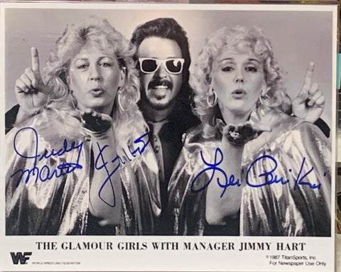 The Glamour Girls (Judy Martin & Leilani Kai) and Jimmy Hart Triple Signed 8x10 Classic Photo (Comes w/COA)