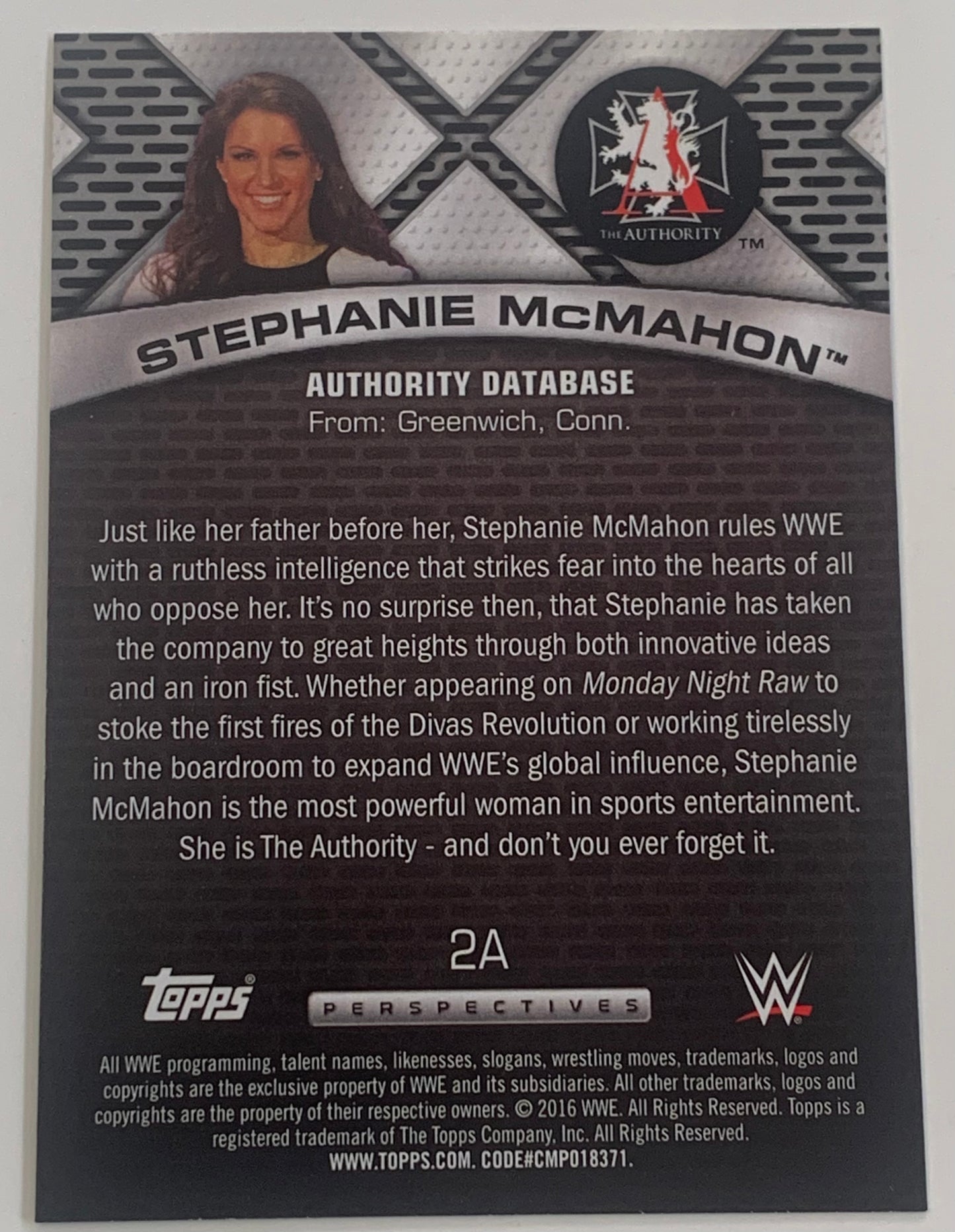 Stephanie McMahon 2016 WWE Topps “Authority Database” Card