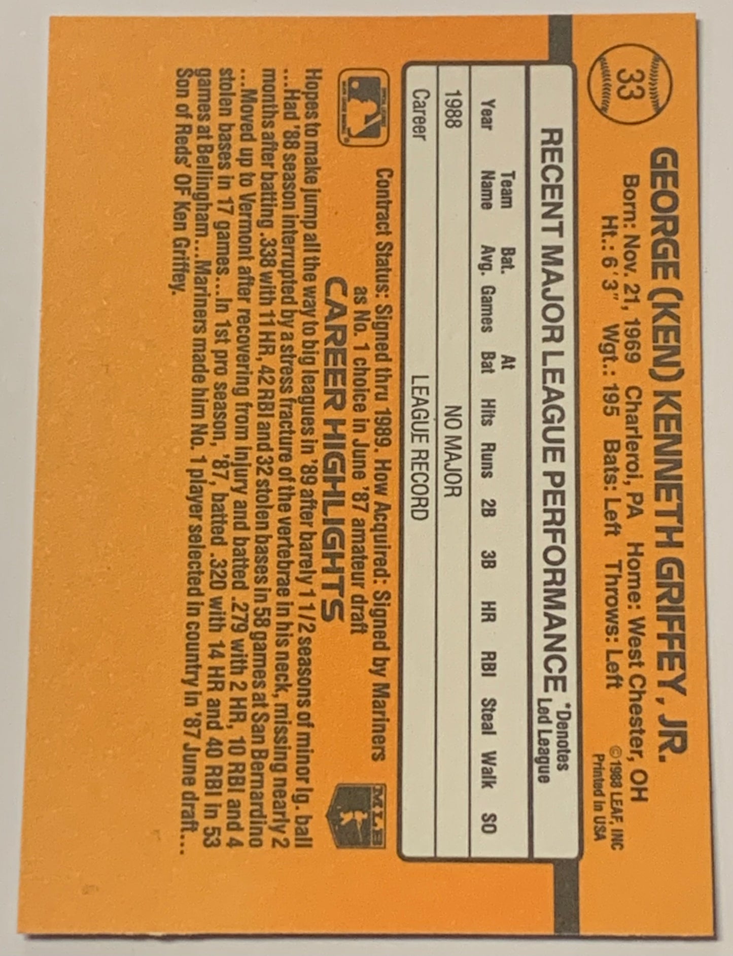 Ken Griffey jr 1989 Donruss ROOKIE Card!!!