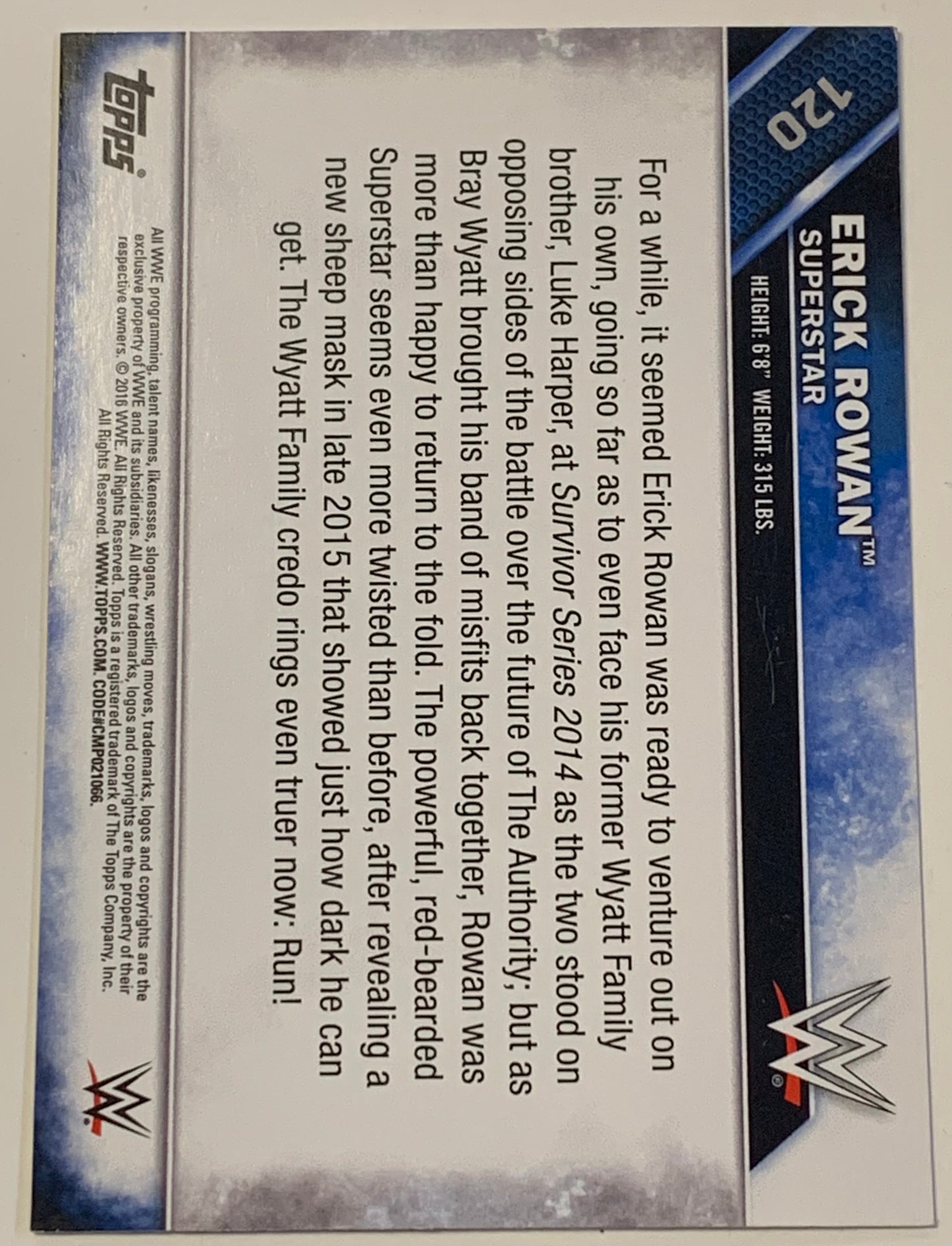 Erick Rowan SIGNED 2016 WWE Topps COA