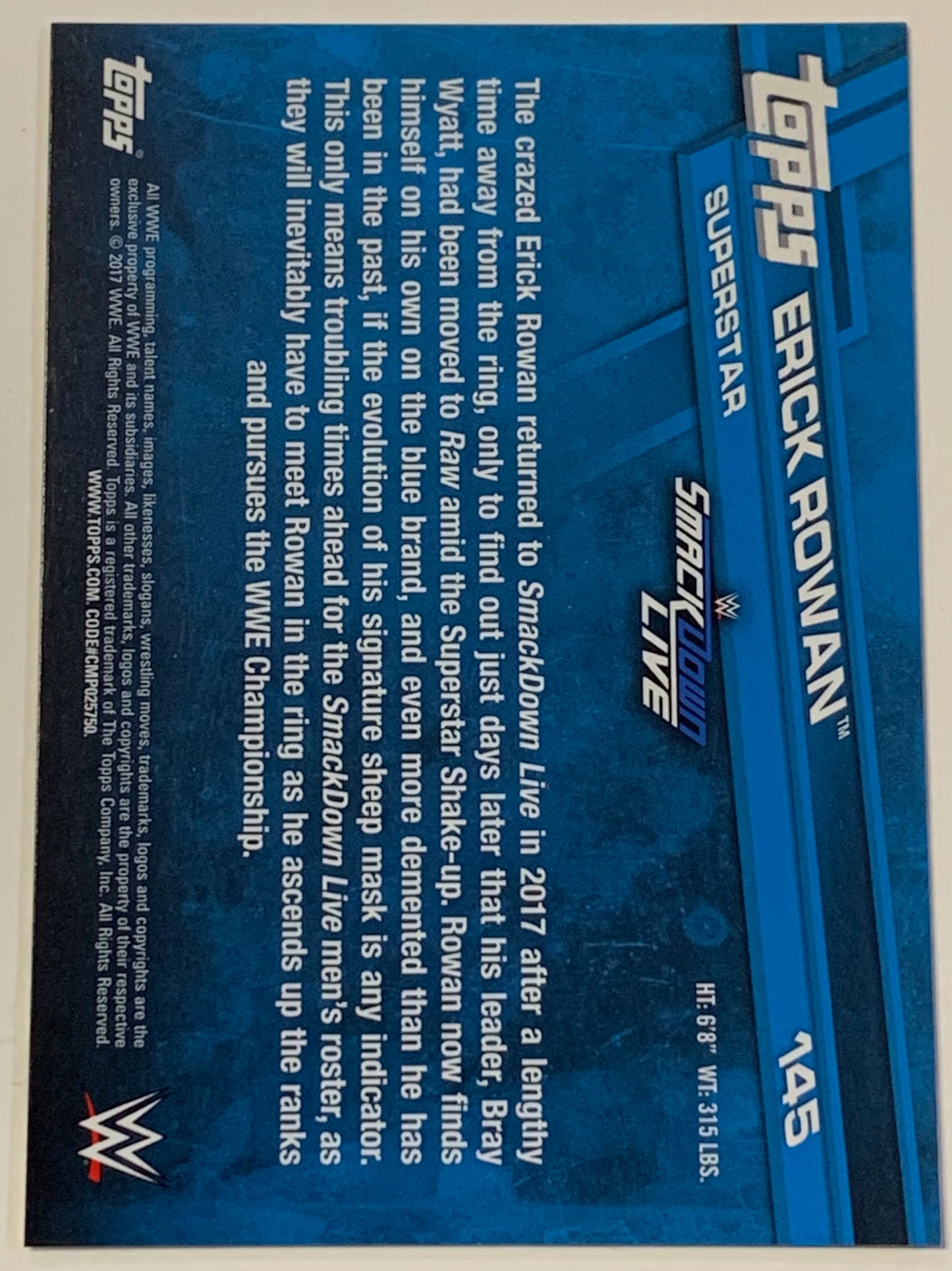 Erick Rowan SIGNED 2017 WWE Topps COA