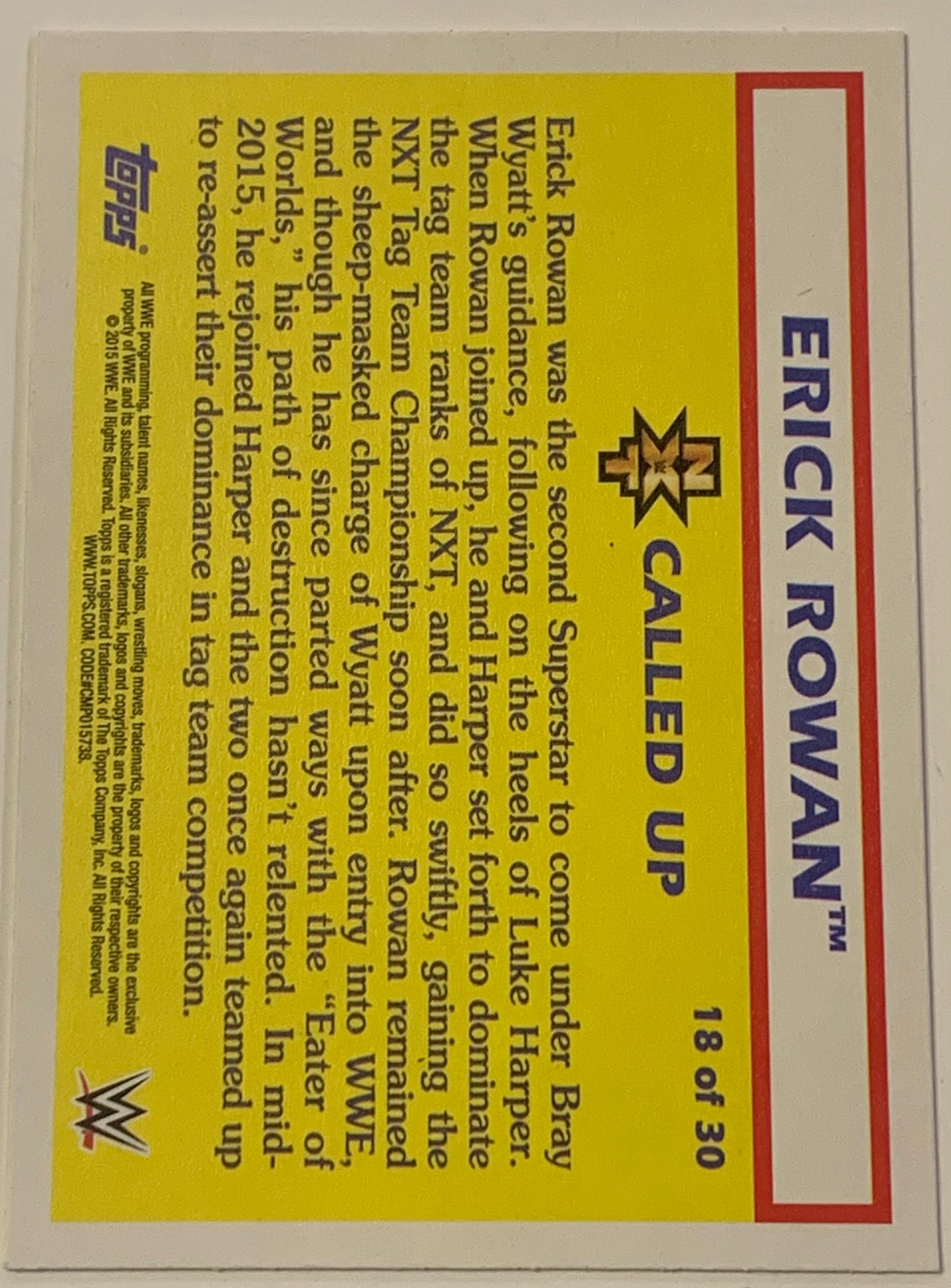 Erick Rowan SIGNED 2015 Topps Heritage “NXT Called Up” COA