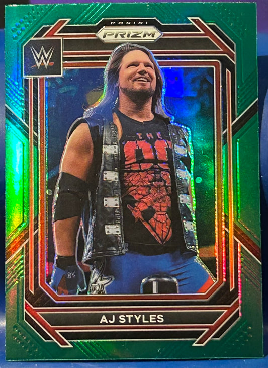* AJ Styles 2023 WWE Panini Prizm GREEN REFRACTOR Card (Beautiful Color)