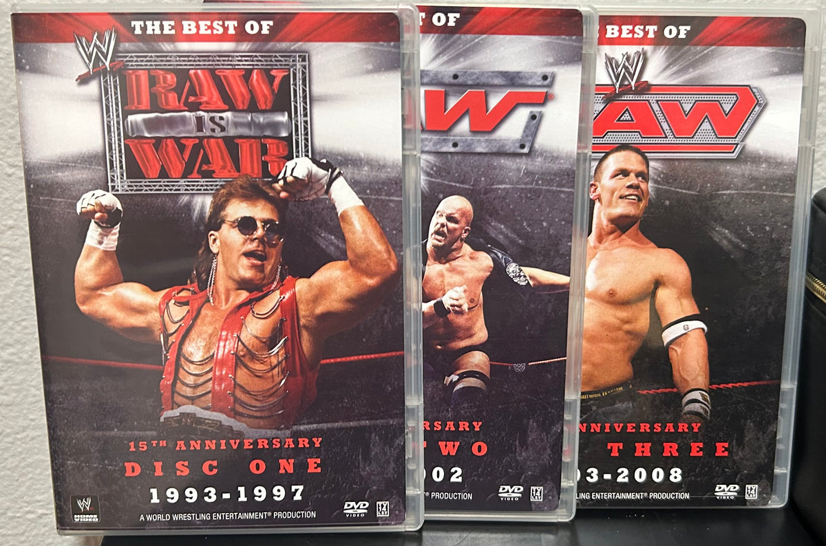 + WWE DVD “The Best of RAW ,15th Anniversary & The Best of Smackdown,10th Anniversary DVD’s” (Both sets are 3-Disc Sets, 6 Discs Total)