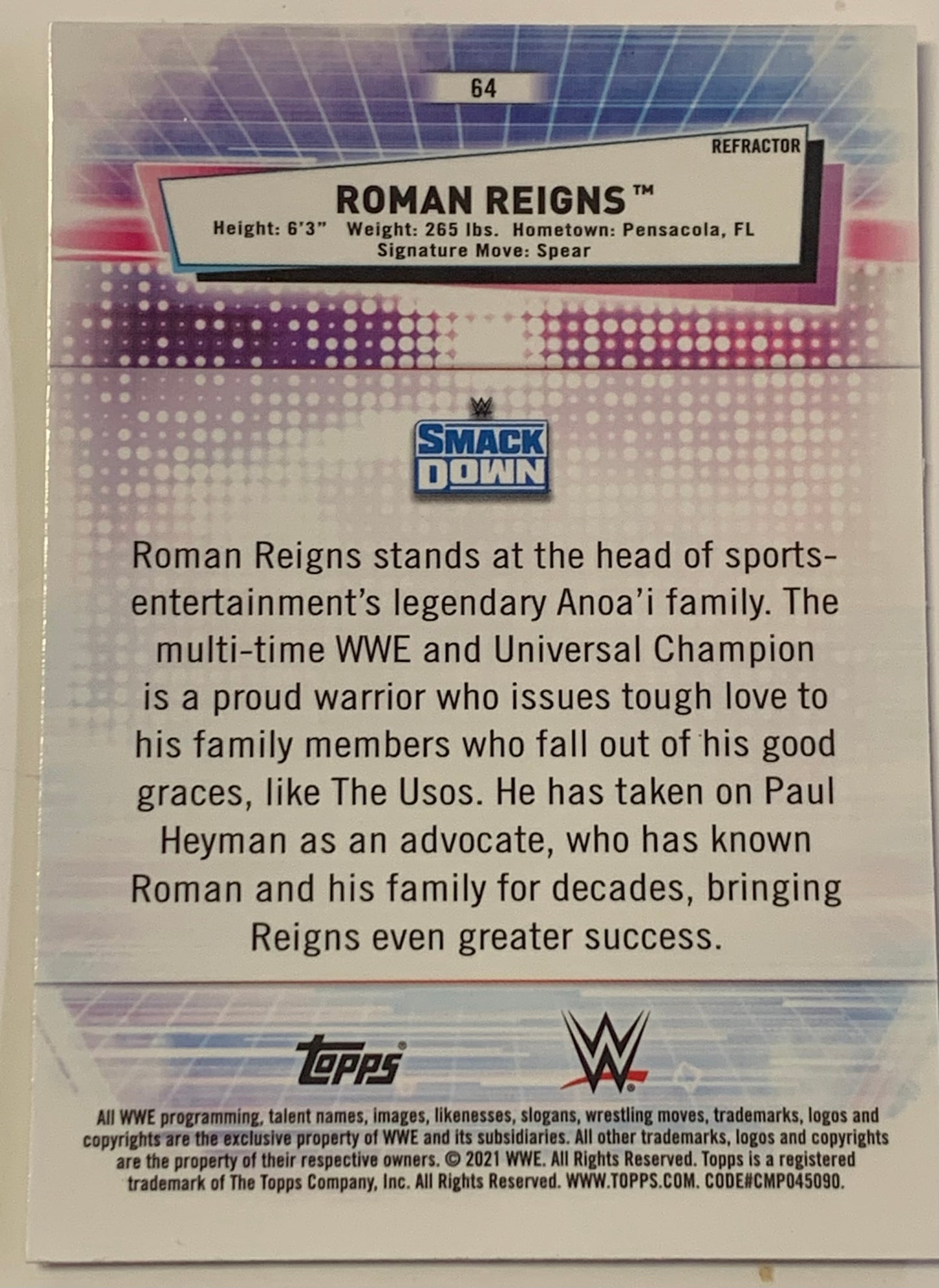 Roman Reigns 2021 WWE Topps Chrome REFRACTOR Card
