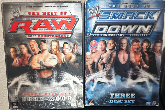 + WWE DVD “The Best of RAW ,15th Anniversary & The Best of Smackdown,10th Anniversary DVD’s” (Both sets are 3-Disc Sets, 6 Discs Total)