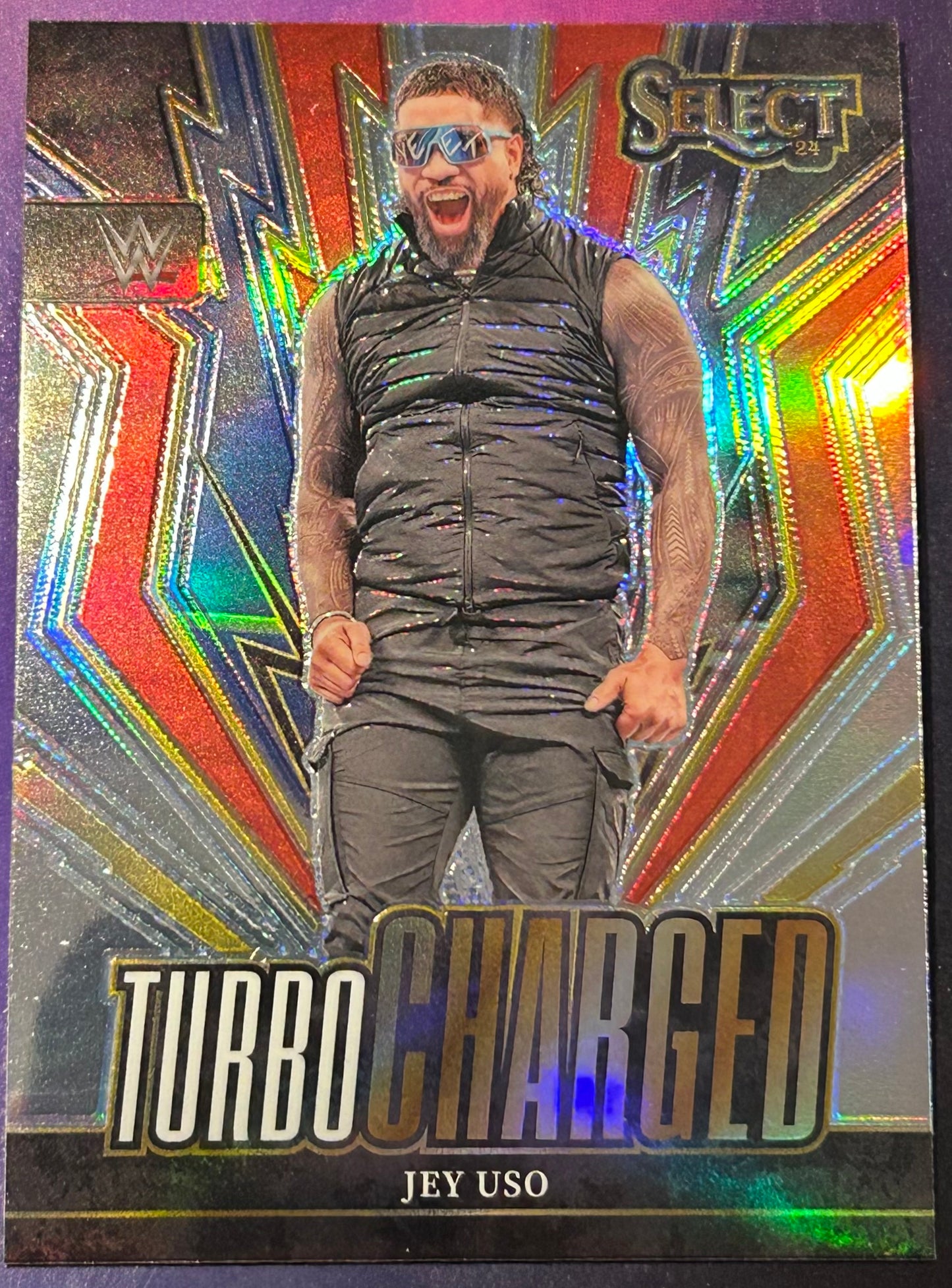 * Jey Uso 2024 WWE Panini Select “TURBO CHARGED” Silver Refractor Insert Card