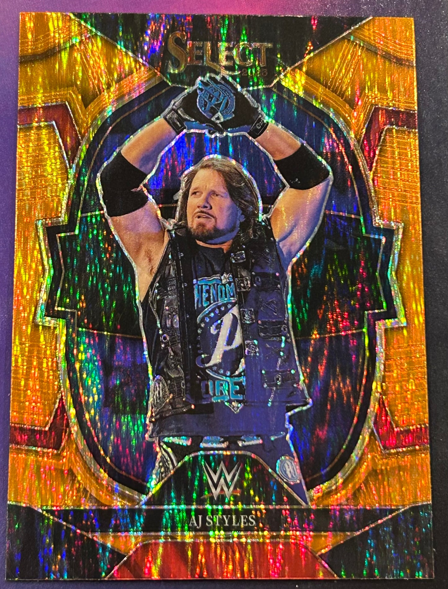 * AJ Styles 2023 WWE Panini Select Orange Wave Concourse Refractor Card