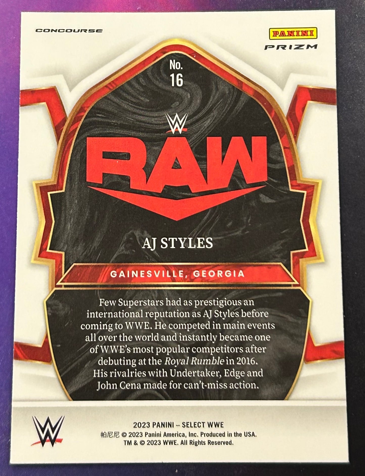 * AJ Styles 2023 WWE Panini Select Orange Wave Concourse Refractor Card