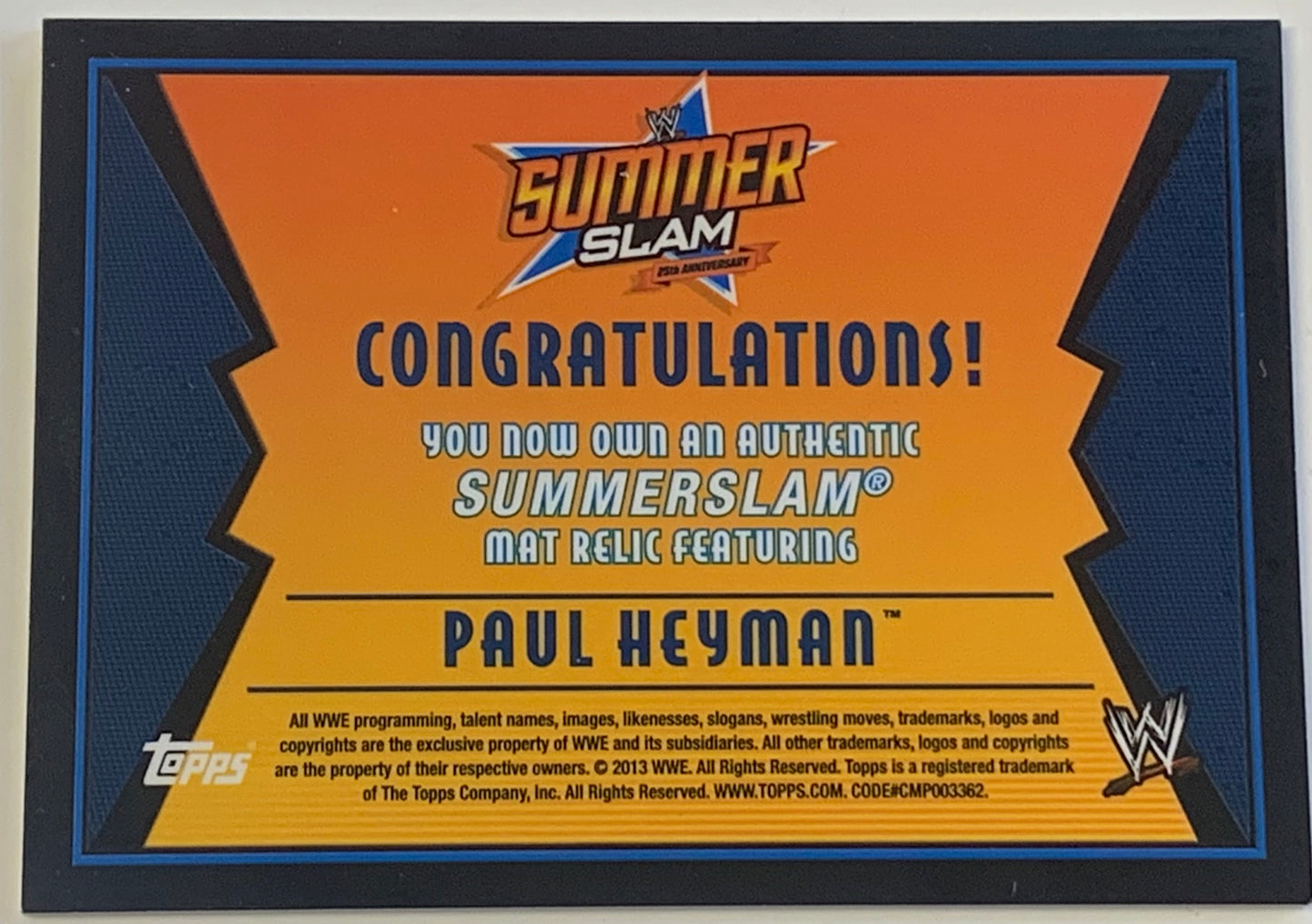 Paul Heyman 2013 WWE Topps Summer Slam Authentic Mat Relic (Creased)