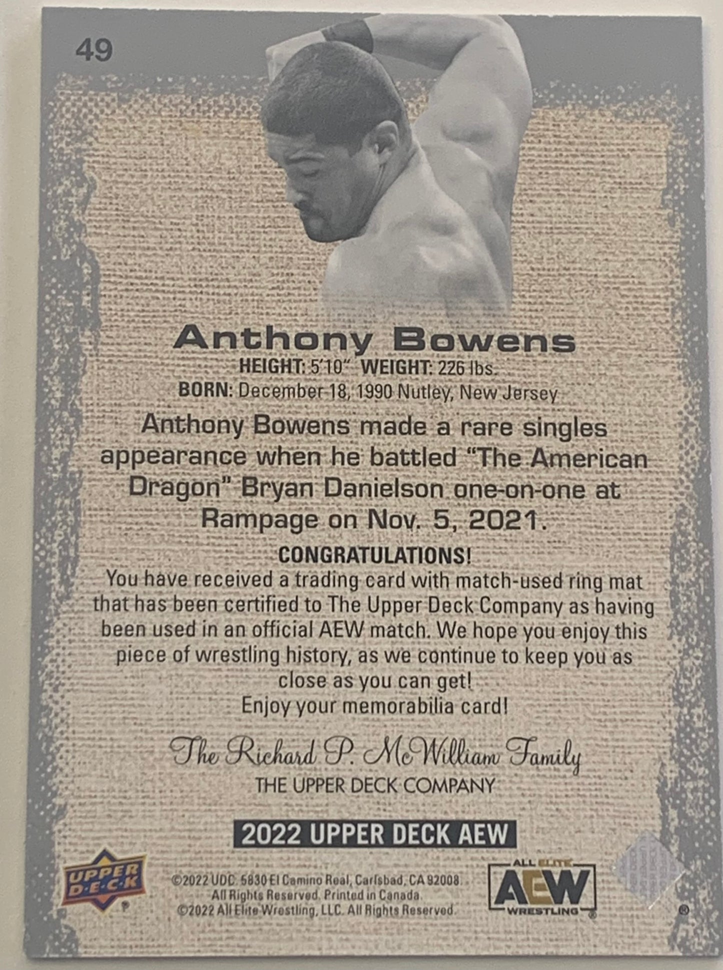Anthony Bowens 2022 AEW UD Upper Deck Authentic Ring Used Mat Relic Card