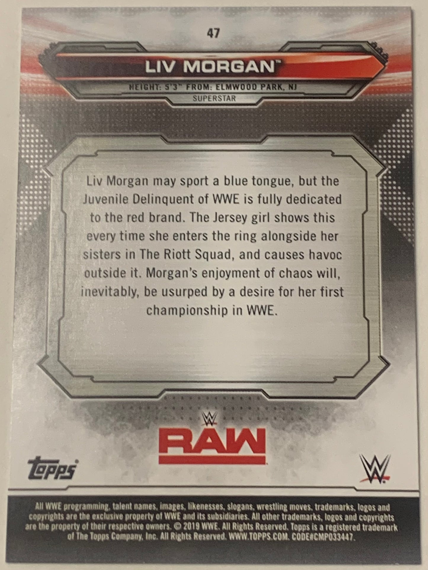 Liv Morgan 2019 WWE Topps RAW #47