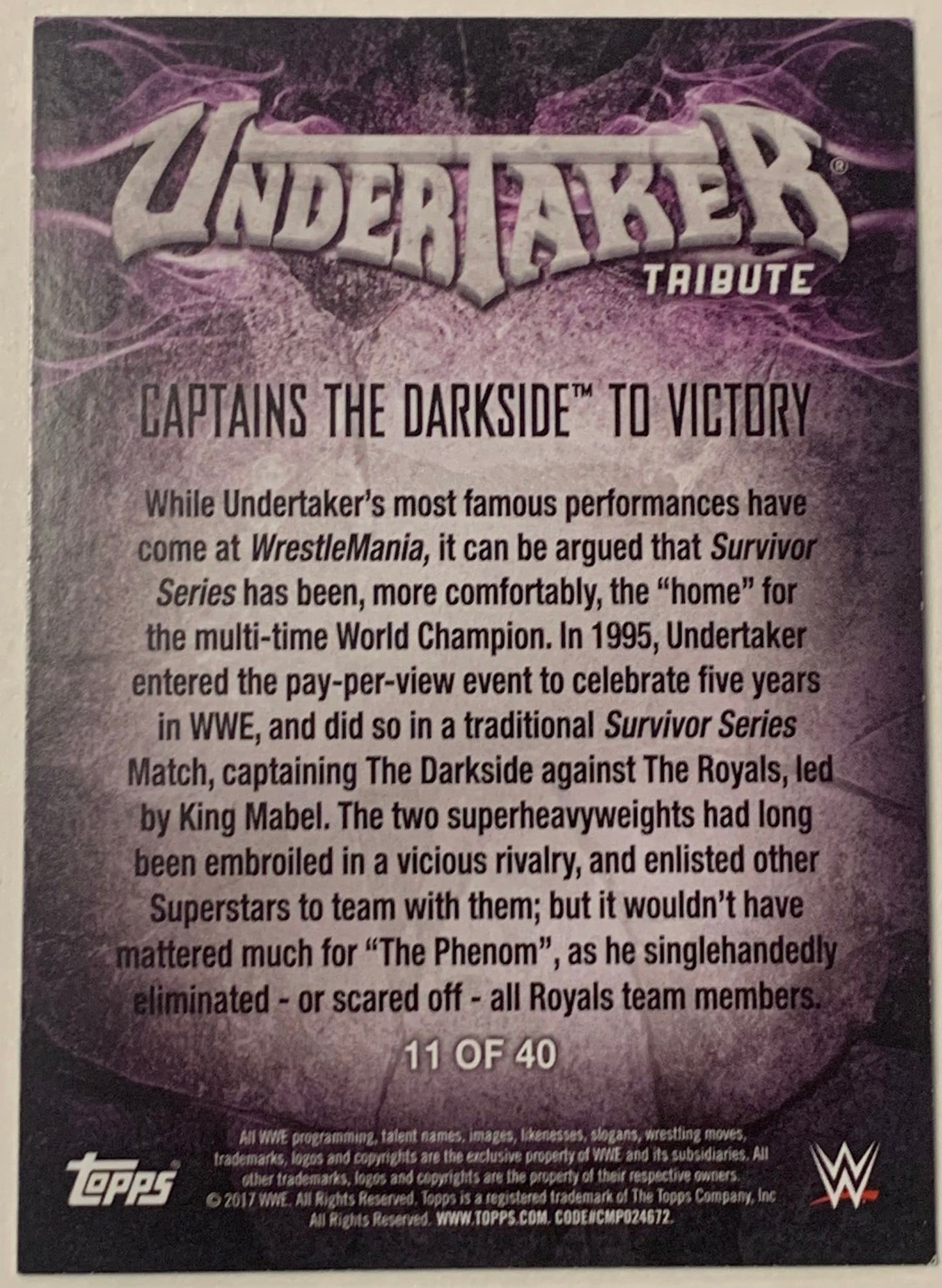 Undertaker 2017 WWE Topps “Undertaker Tribute” Insert Card #11 of 40