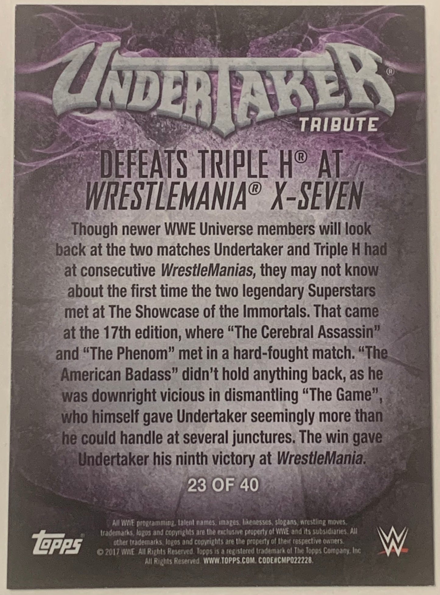 Undertaker 2017 WWE Topps “Undertaker Tribute” Insert Card #23 of 40