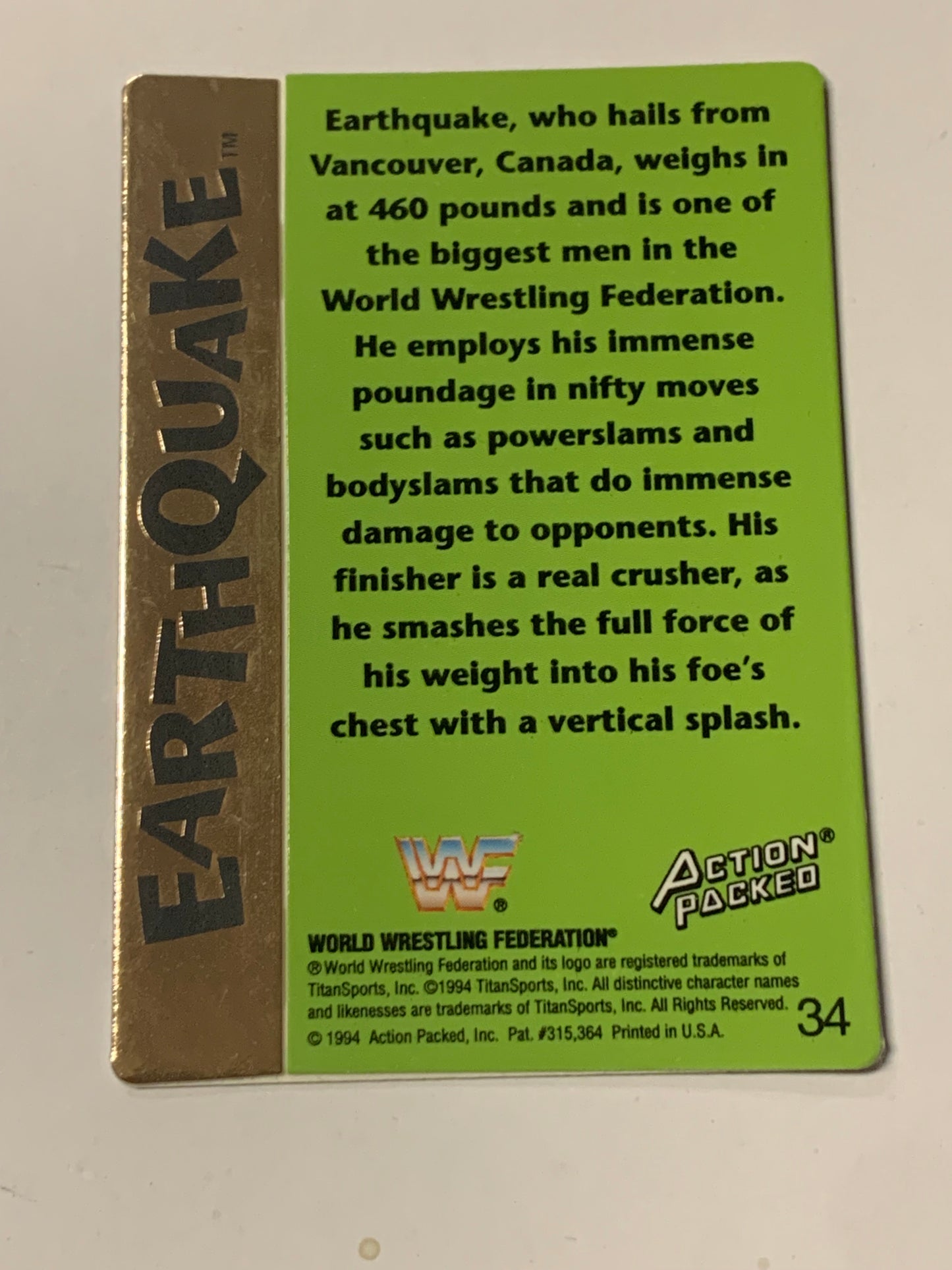 Earthquake 1994 WWF WWE Action Packed Card