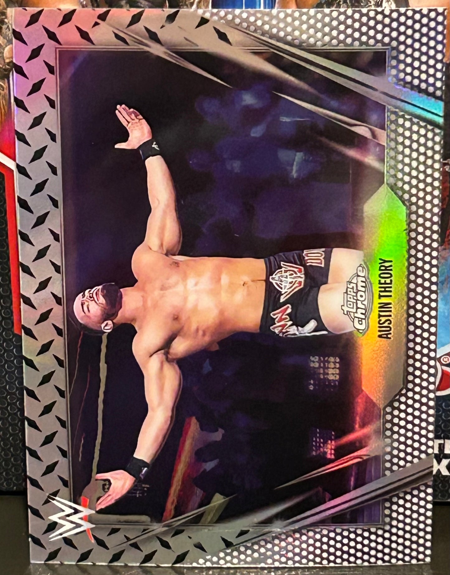 + Austin Theory 2026 WWE Topps Chrome Diamond Plate REFRACTOR Card