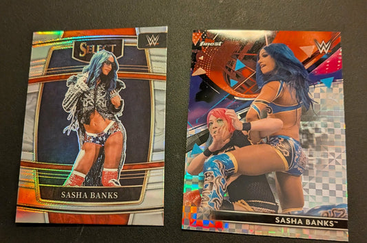 Sasha Banks Lot 2022 Select #86 Silver Prizm & 2021 Finest #67 X-Fractor