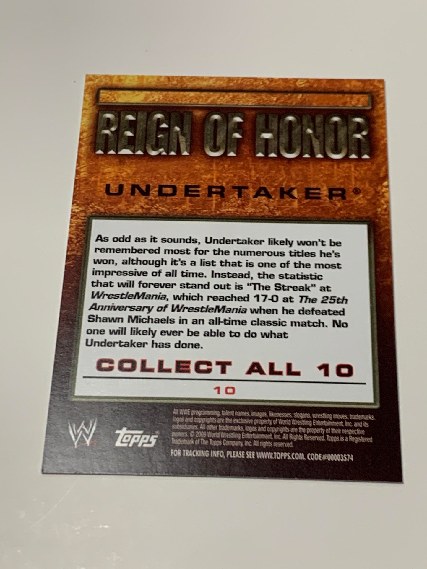 Undertaker 2009 WWE Topps “Reign of Honor” Card #10