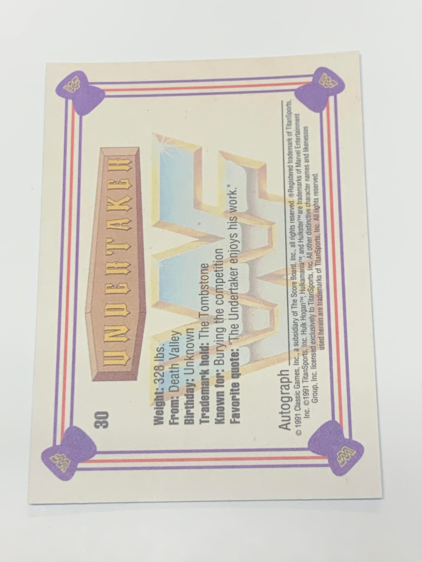 Undertaker 1991 WWE Classic ROOKIE Card #30