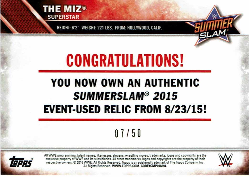 2016 WWE Topps The Miz Summerslam Bronze Relic #7/50