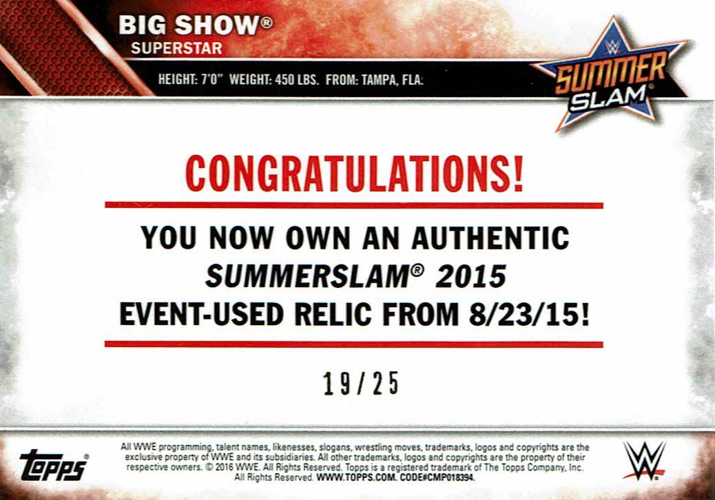 WWE Big Show 2016 Topps Event Used SummerSlam Mat Relic Silver #19/25