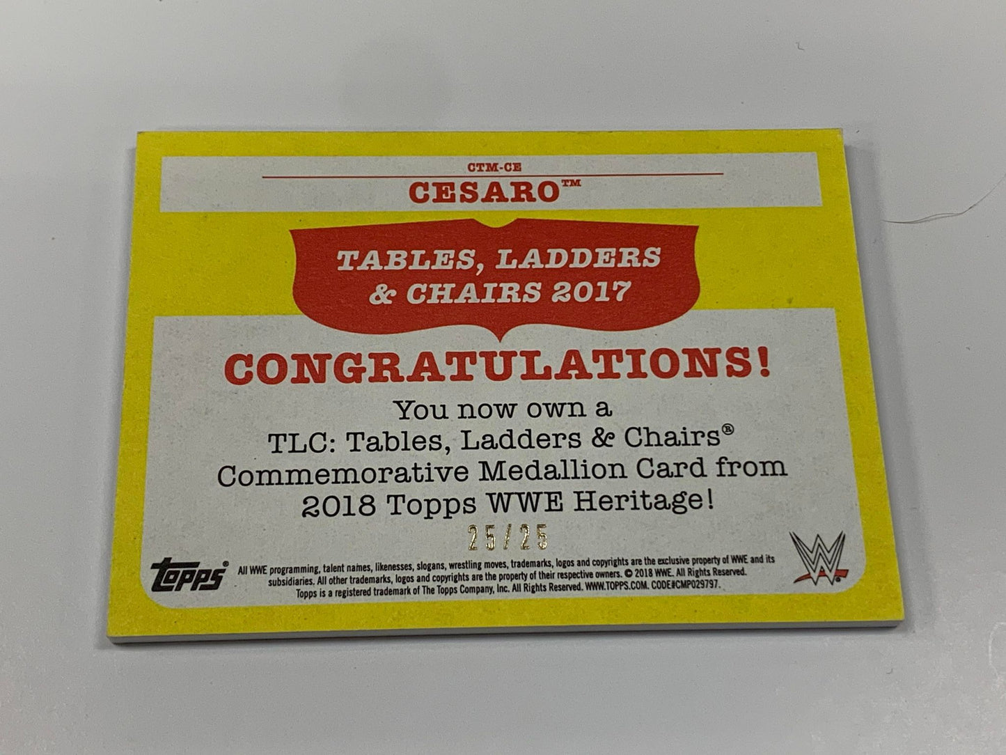 Cesaro 2018 WWE Topps Heritage TLC Commemorative Medallion #/25