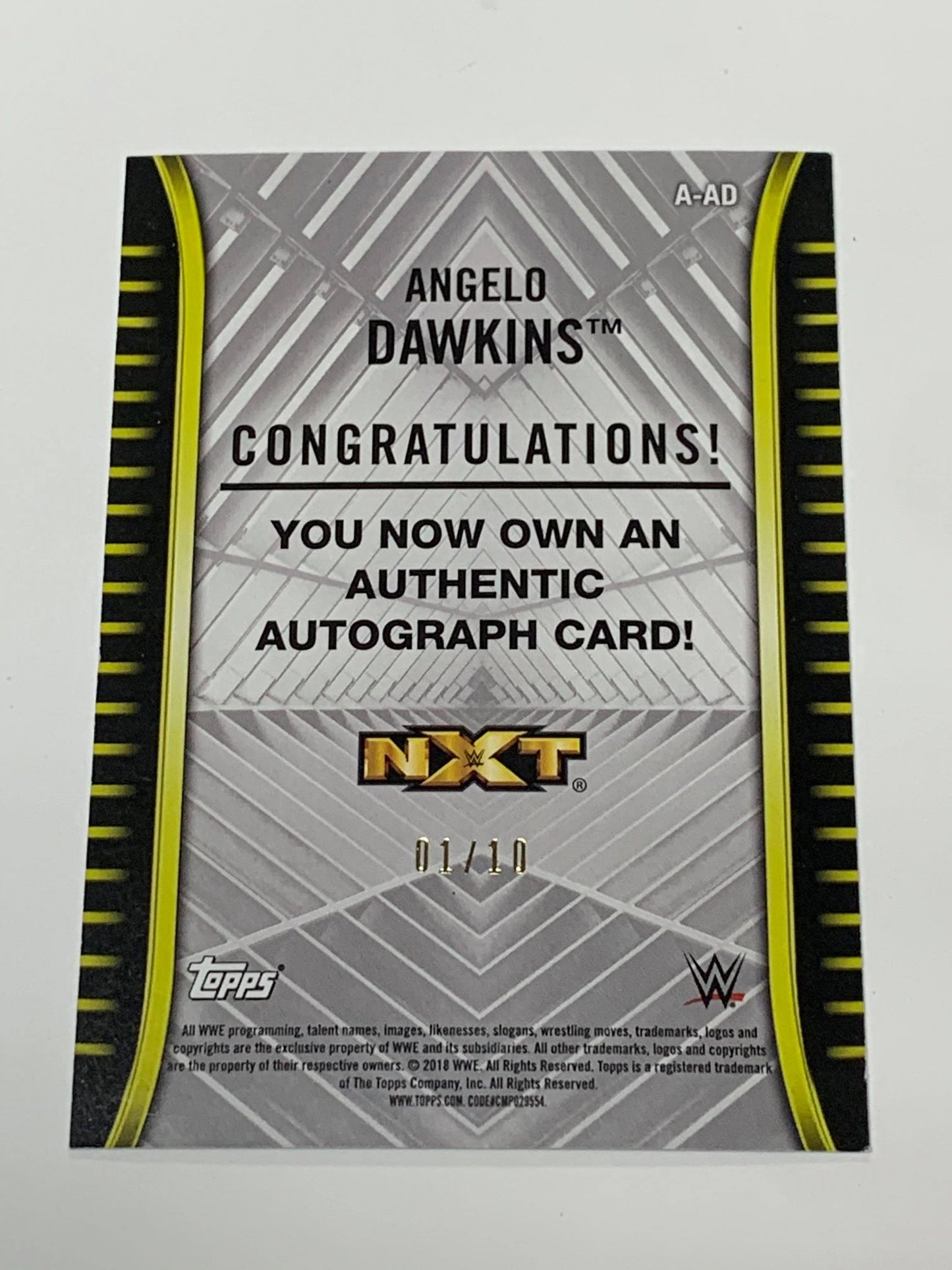 Angelo Dawkins 2018 Topps NXT WWE Signed Card #1/10